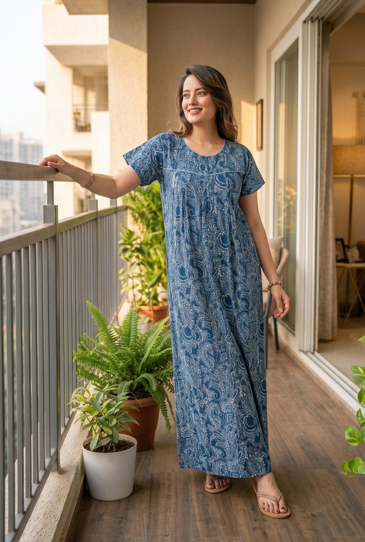 Outline Paisley Blue Cotton Printed Nightwear Gowns