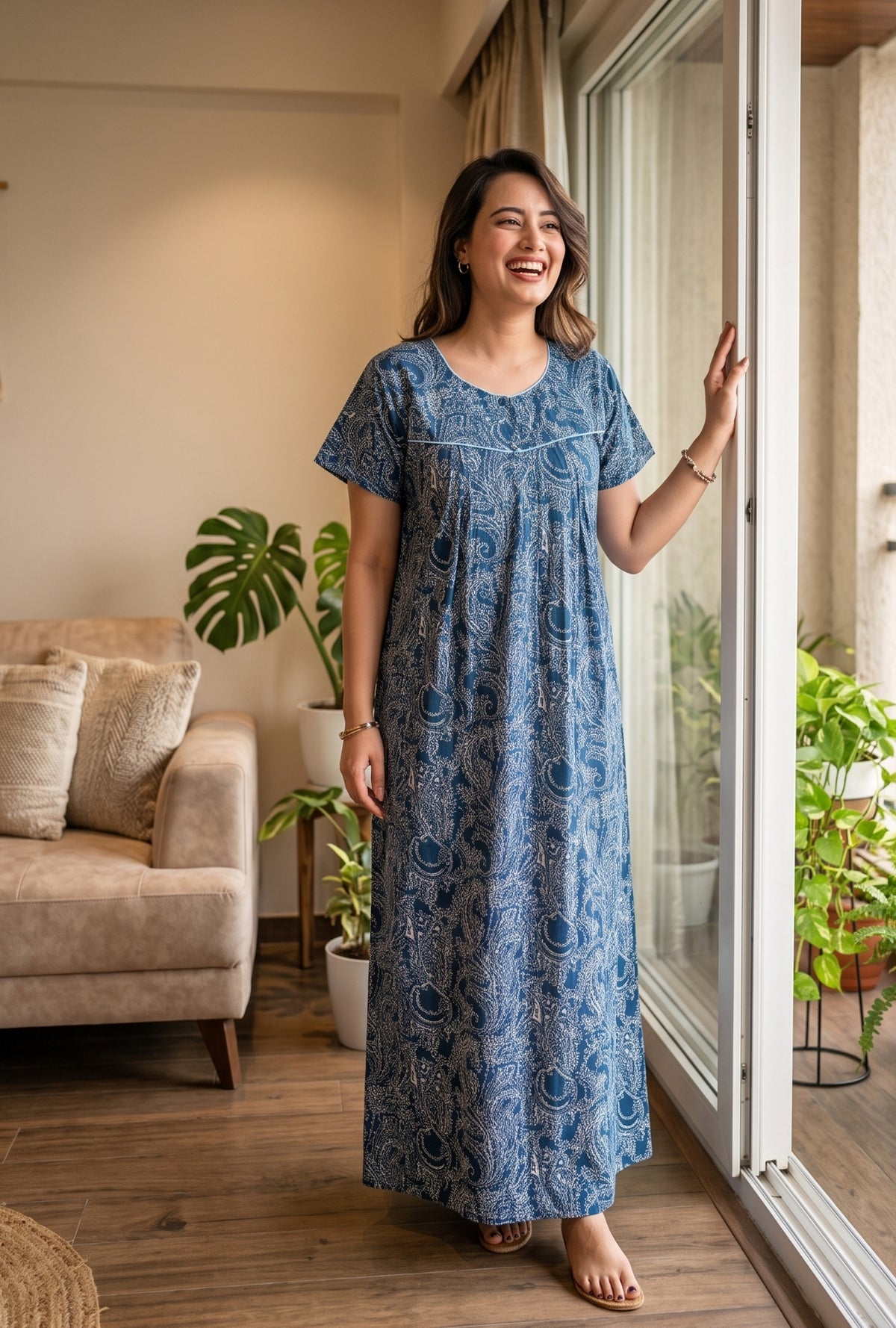 Outline Paisley Blue Cotton Printed Nightwear Gowns