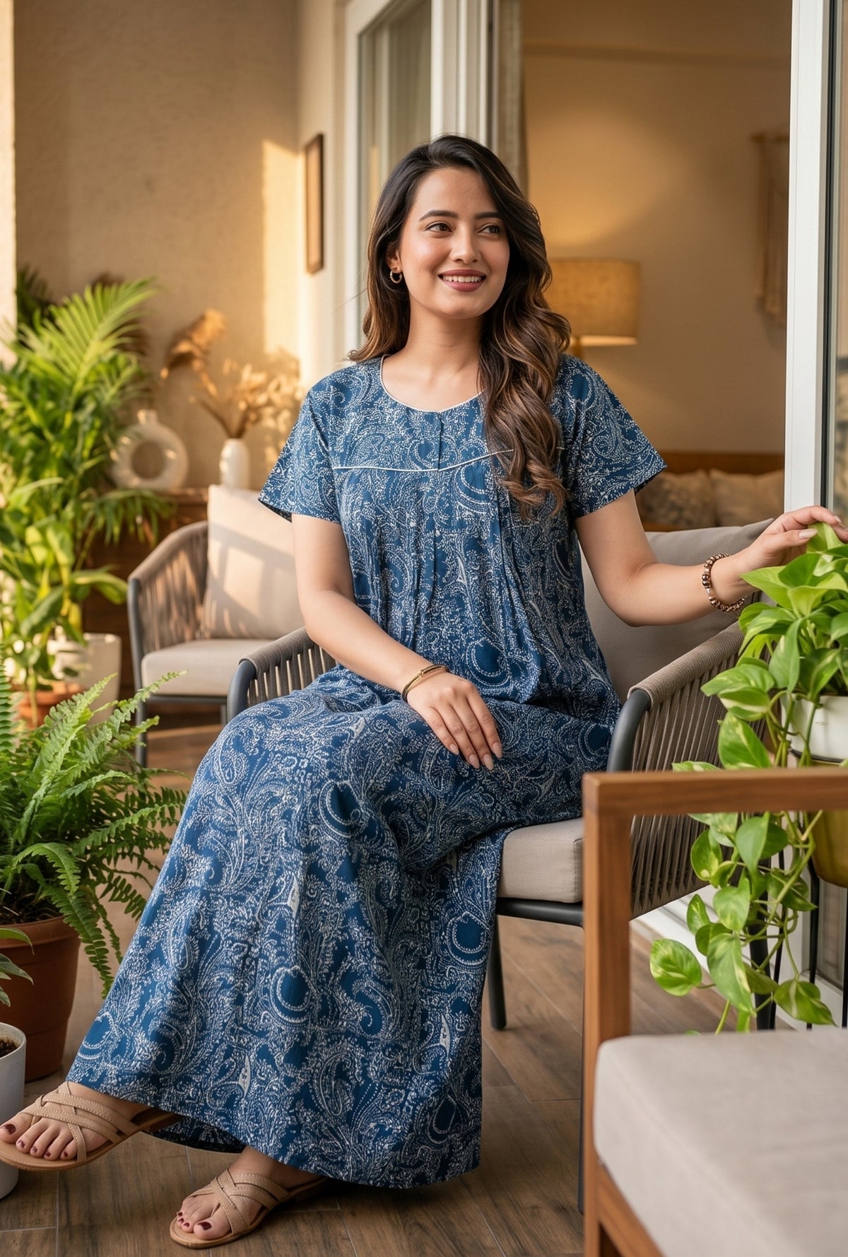 Outline Paisley Blue Cotton Printed Nightwear Gowns