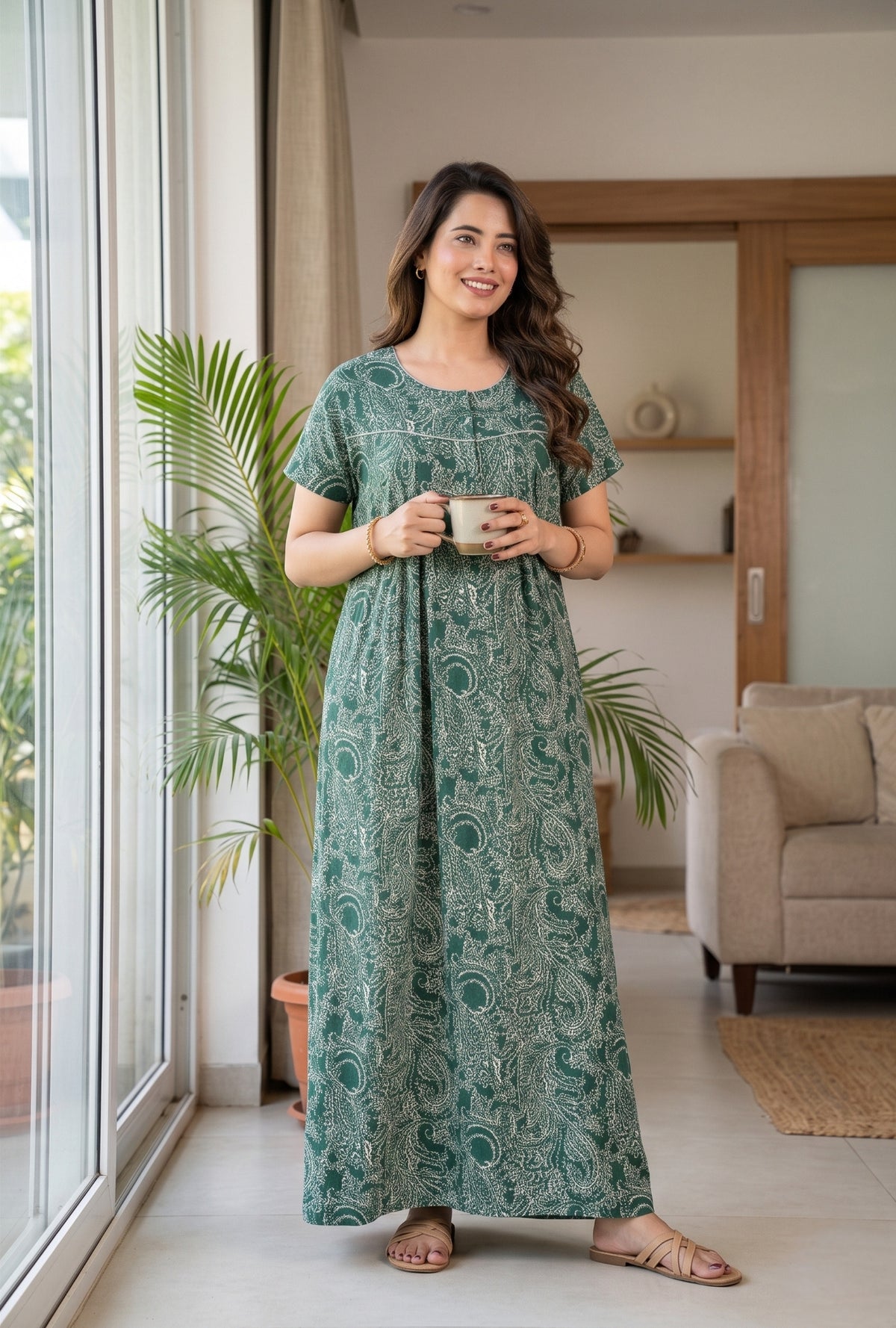 Outline Paisley Green Cotton Printed Nightwear Gowns