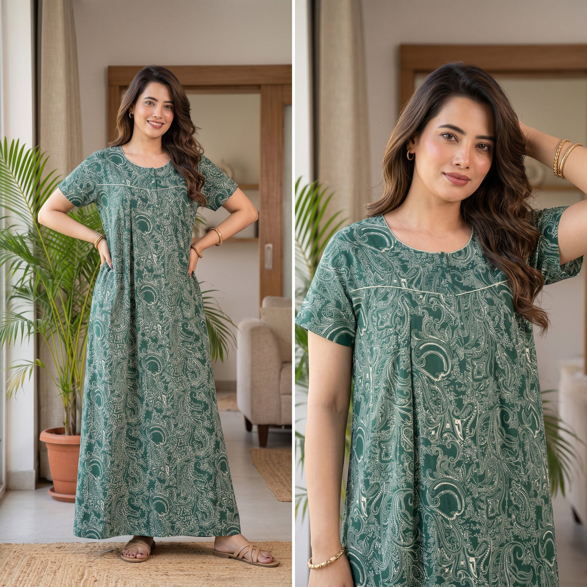 Outline Paisley Green Cotton Printed Nightwear Gowns