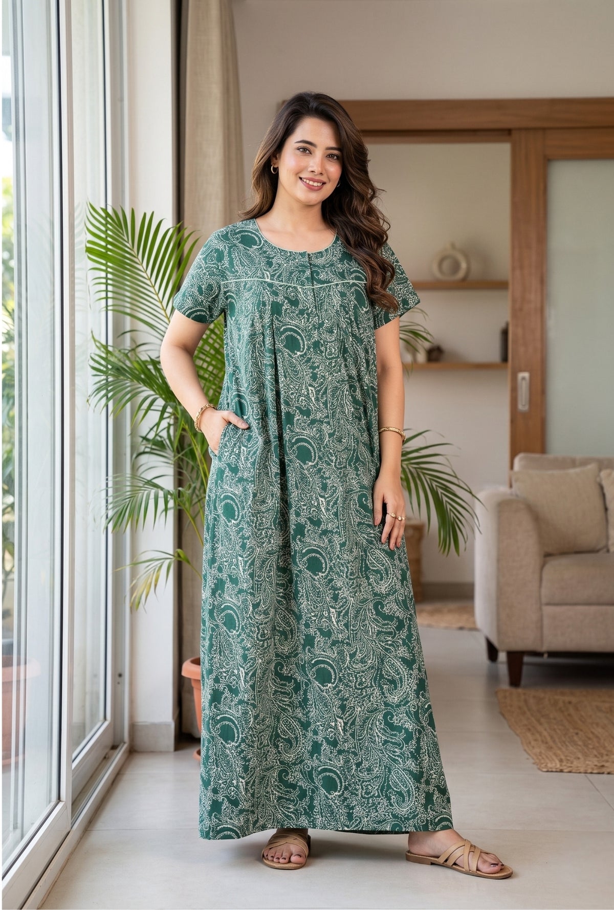Outline Paisley Green Cotton Printed Nightwear Gowns