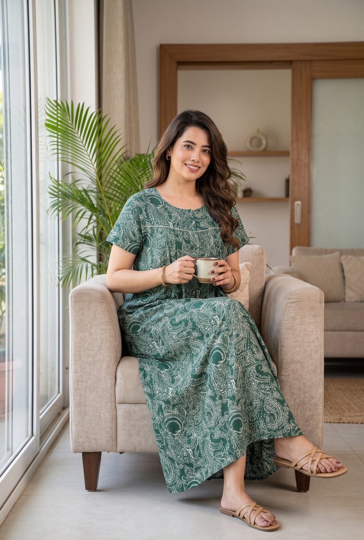 Outline Paisley Green Cotton Printed Nightwear Gowns