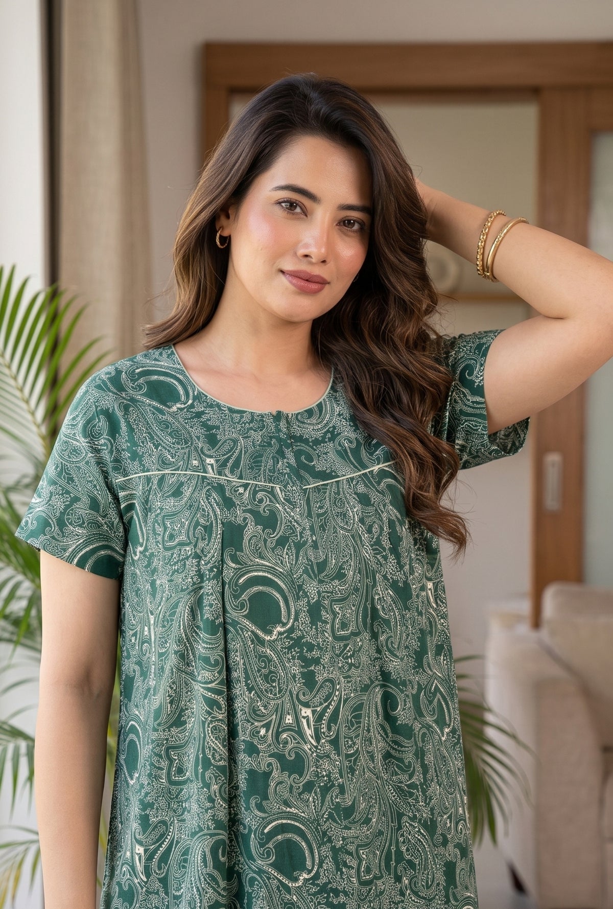 Outline Paisley Green Cotton Printed Nightwear Gowns
