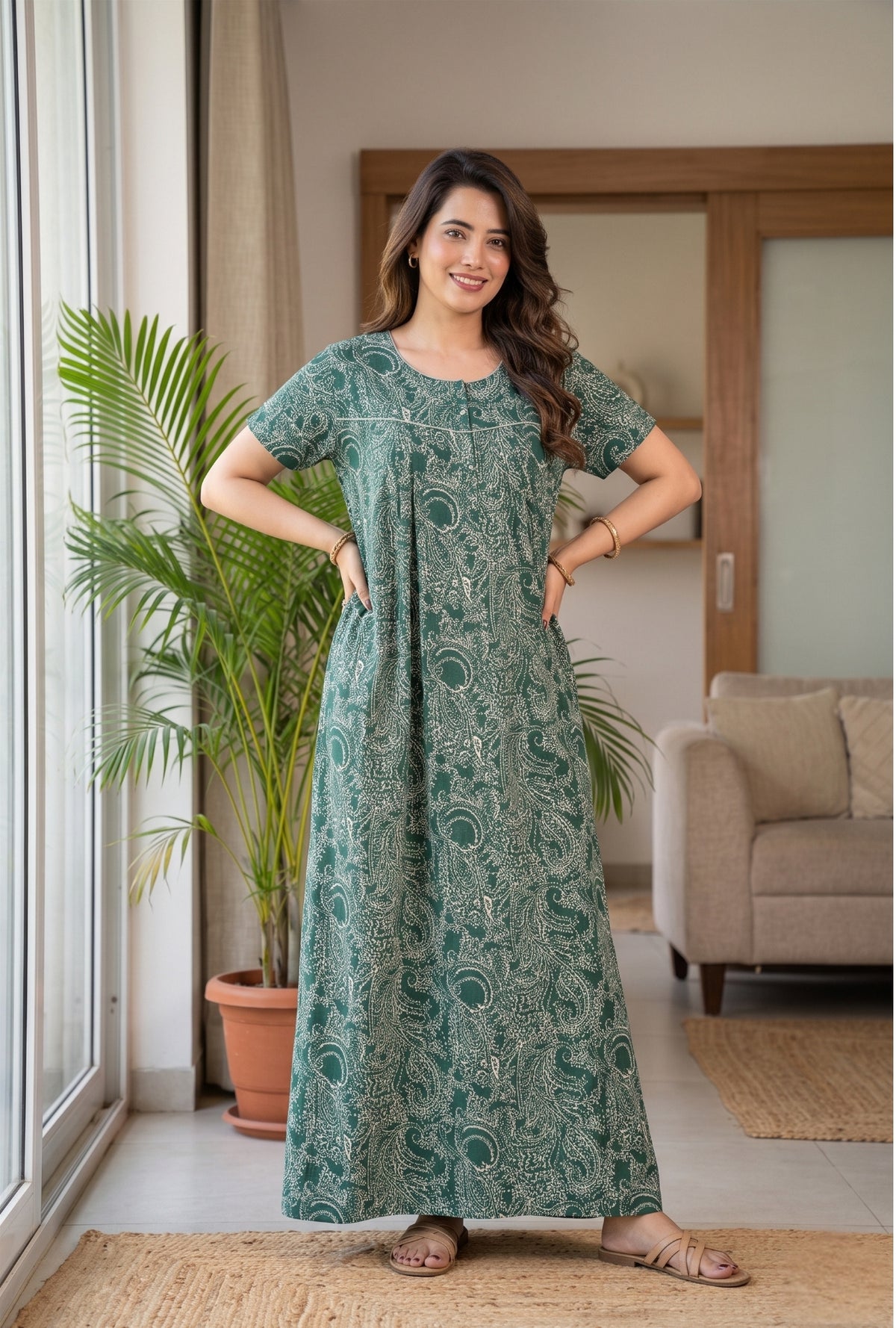 Outline Paisley Green Cotton Printed Nightwear Gowns