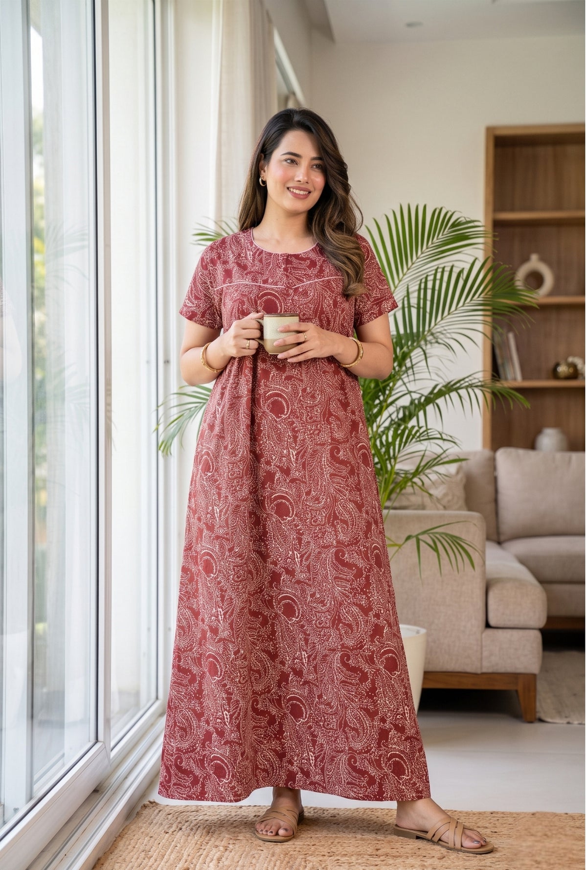 Outline Paisley Maroon Cotton Printed Nightwear Gowns