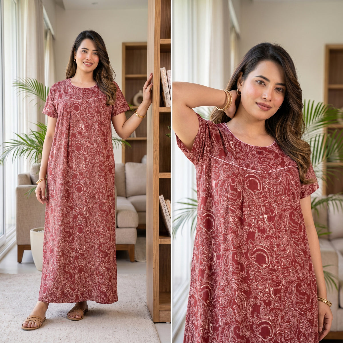 Outline Paisley Maroon Cotton Printed Nightwear Gowns