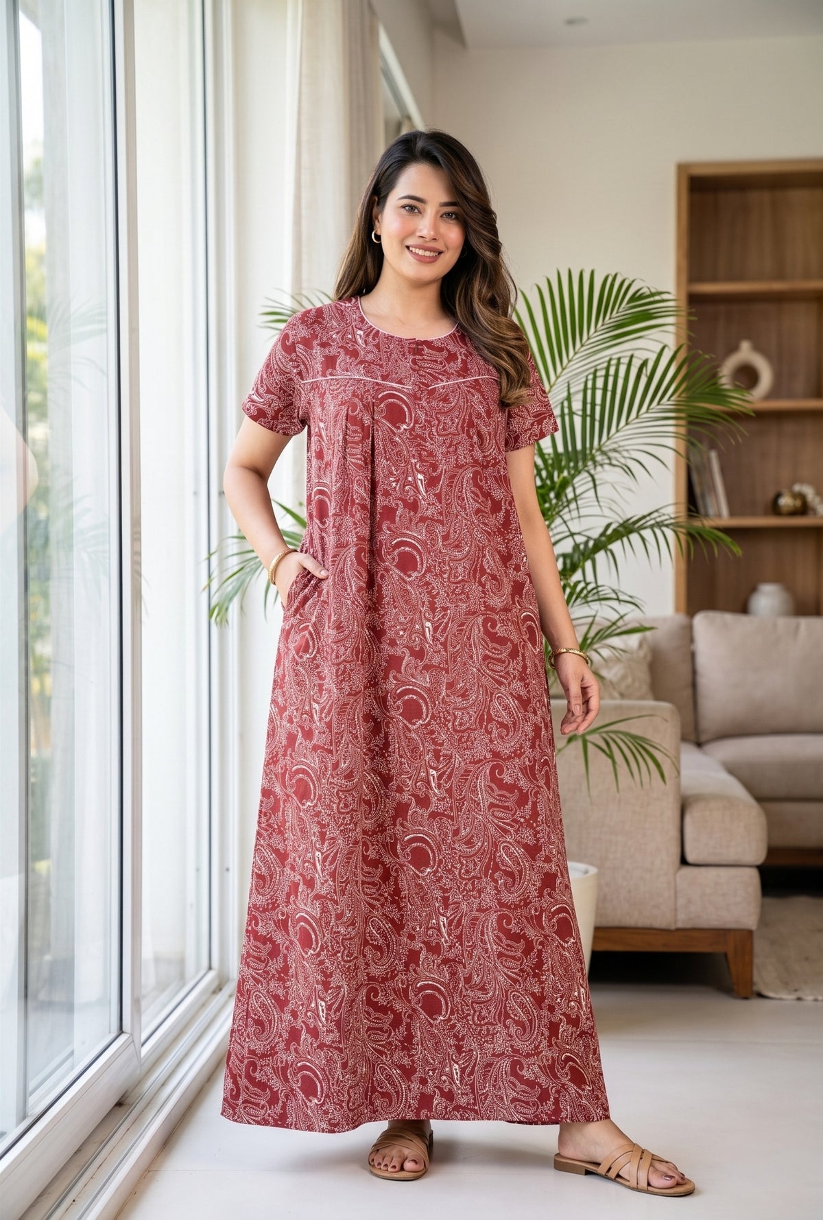 Outline Paisley Maroon Cotton Printed Nightwear Gowns