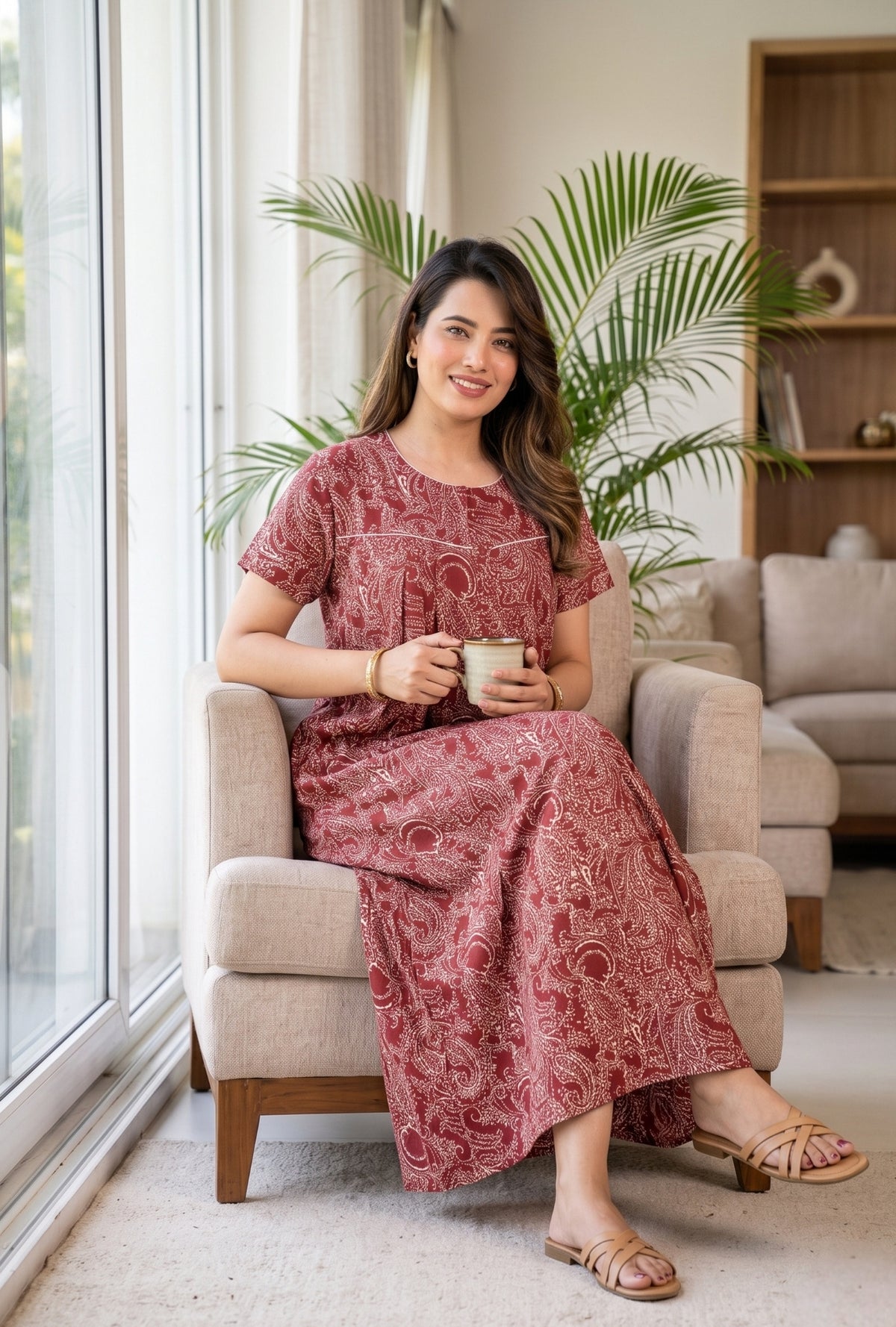 Outline Paisley Maroon Cotton Printed Nightwear Gowns