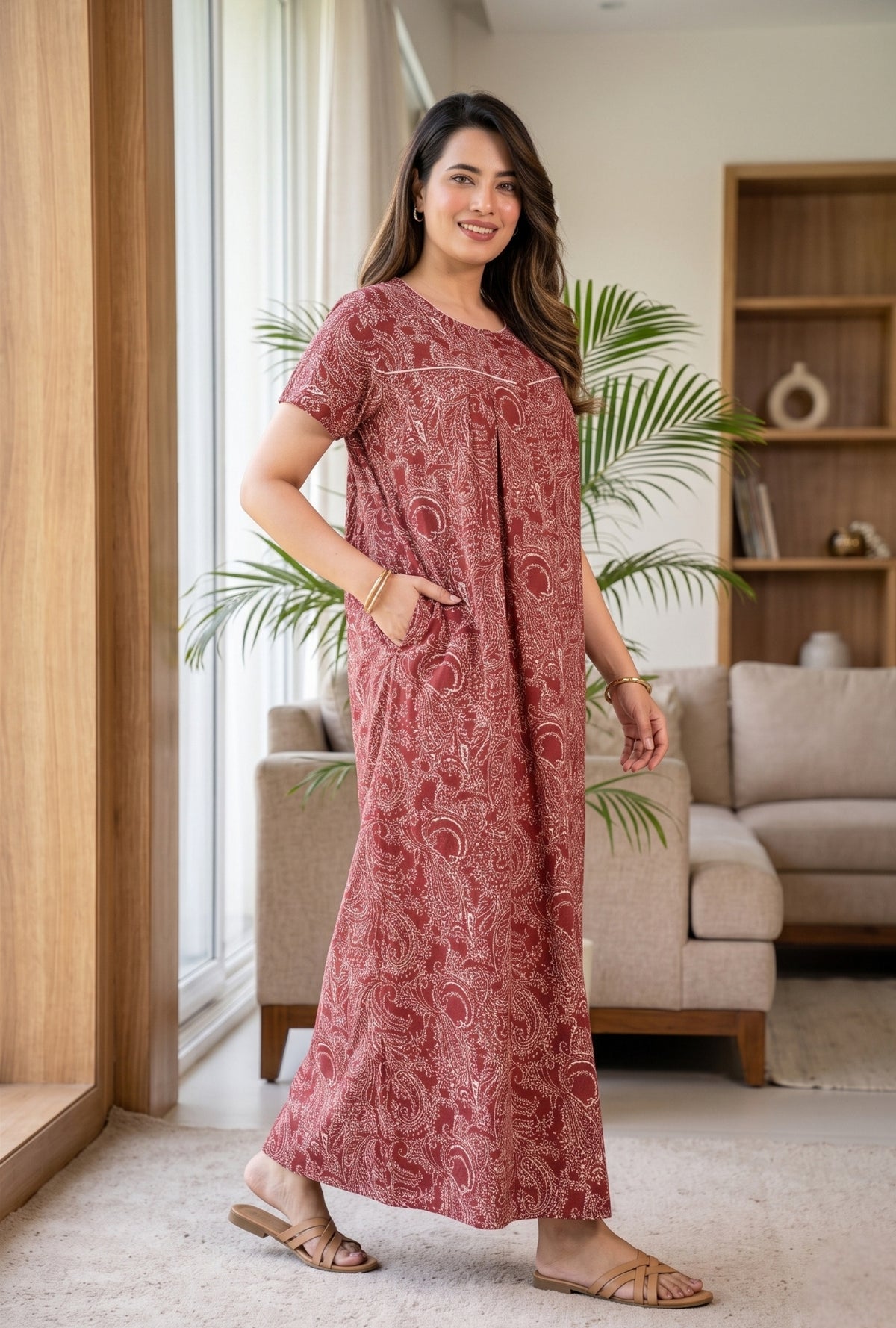 Outline Paisley Maroon Cotton Printed Nightwear Gowns