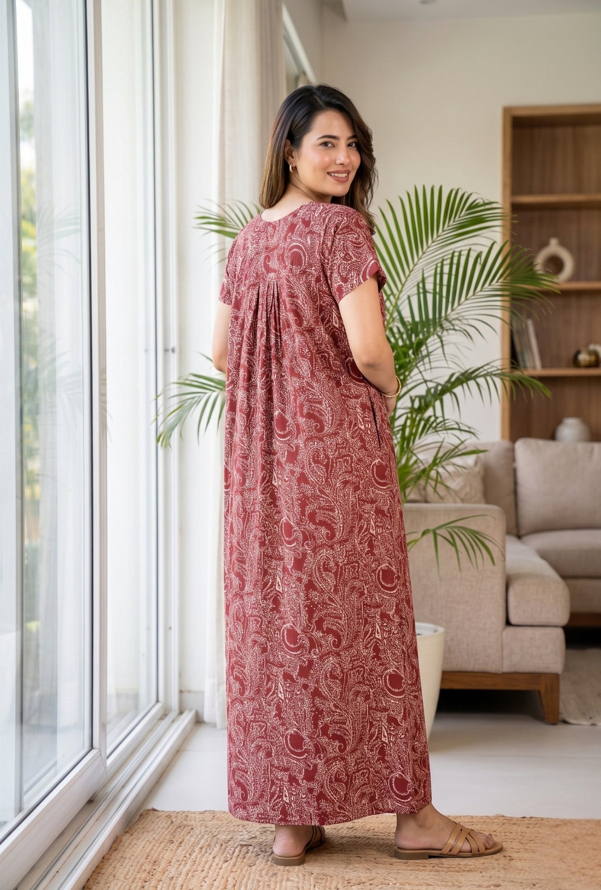 Outline Paisley Maroon Cotton Printed Nightwear Gowns