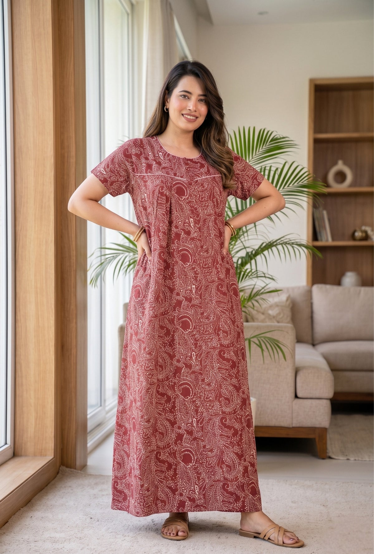 Outline Paisley Maroon Cotton Printed Nightwear Gowns