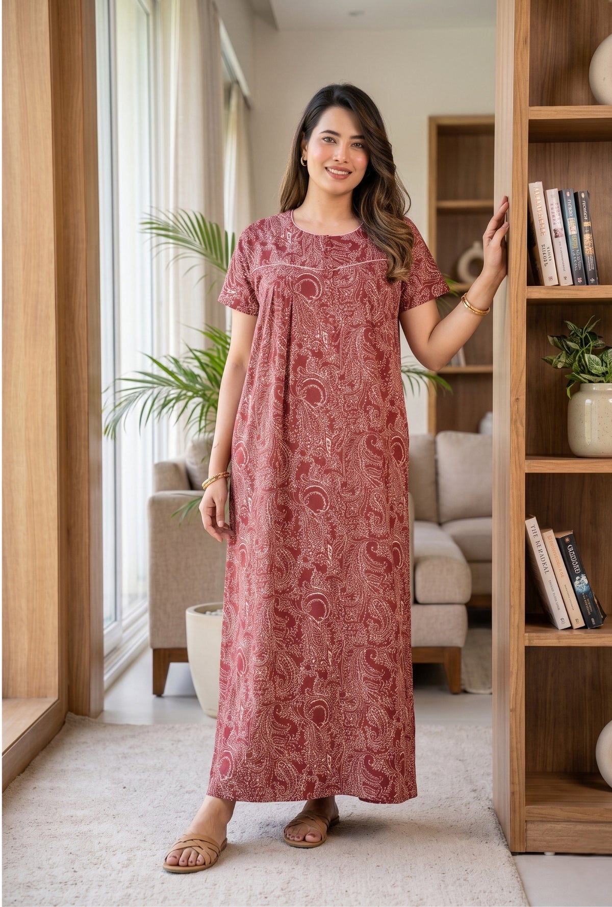 Outline Paisley Maroon Cotton Printed Nightwear Gowns