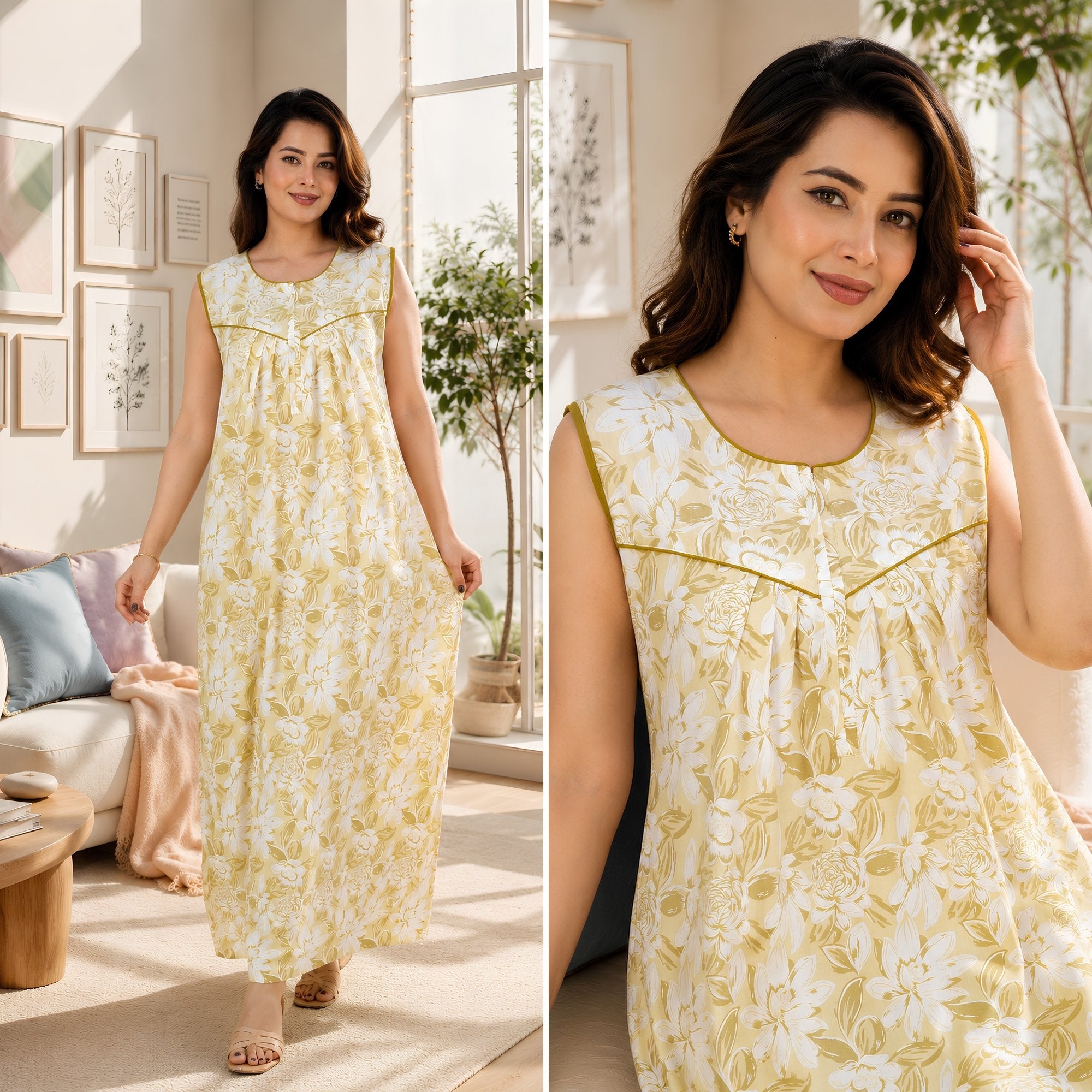 Petal Crush Mehndi Sleeveless Cotton Night Gown