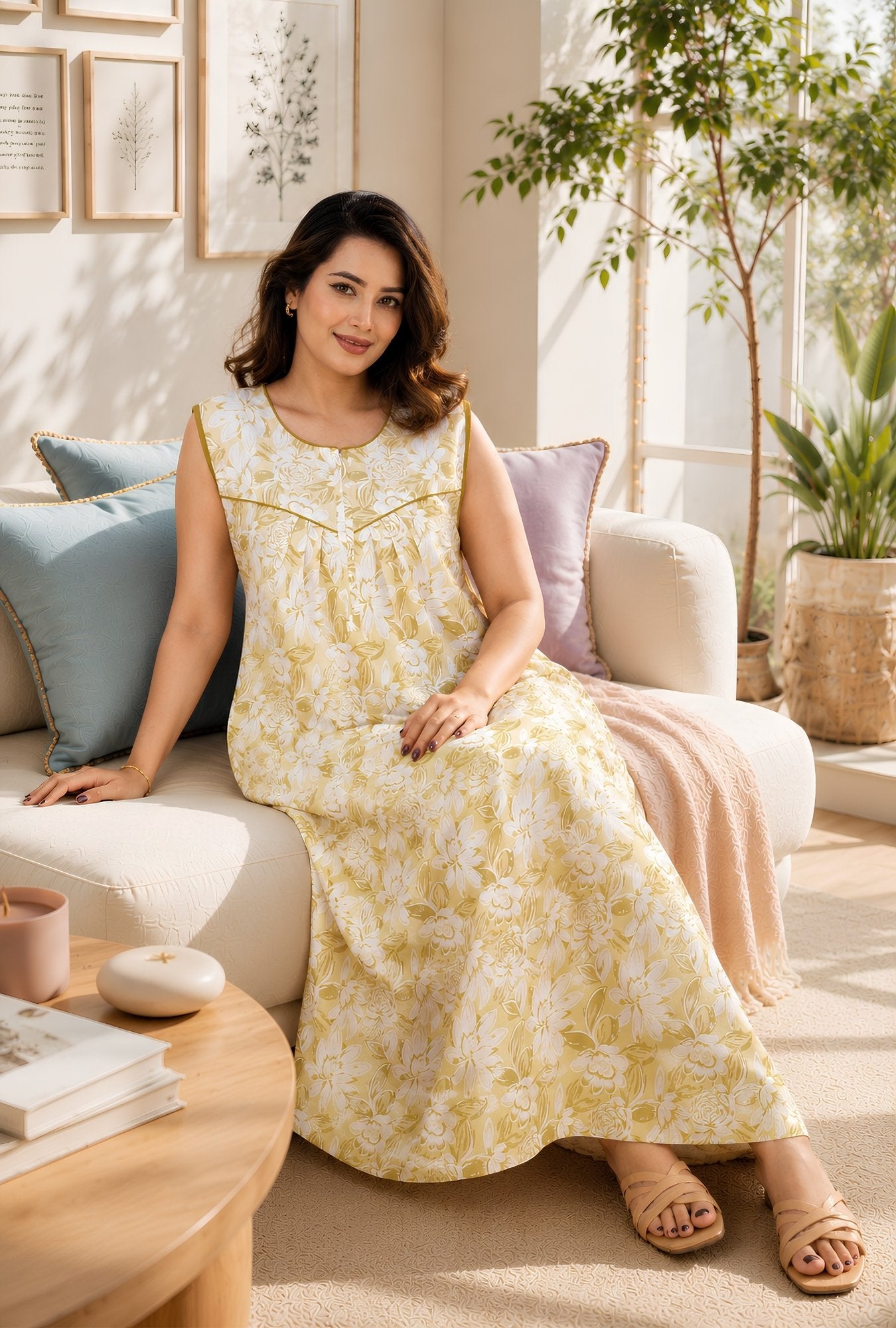 Petal Crush Mehndi Sleeveless Cotton Night Gown