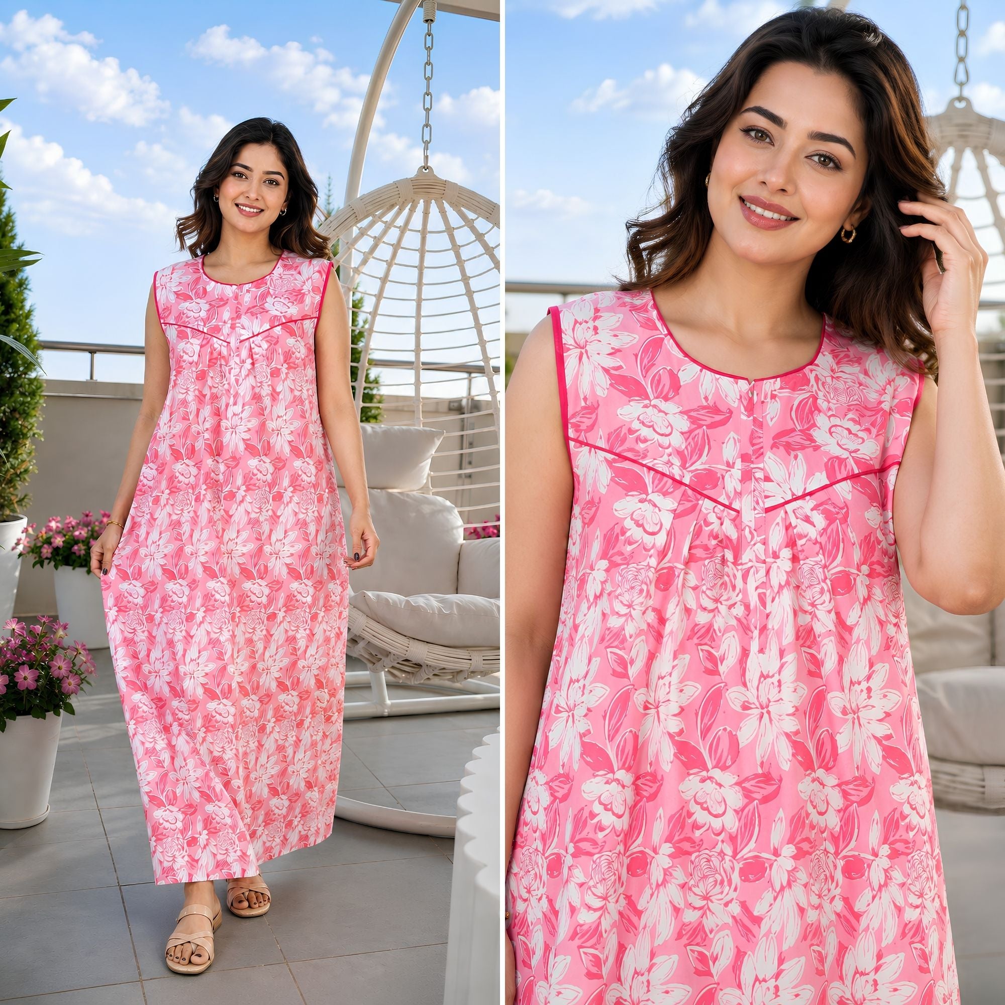 Petal Crush Pink Sleeveless Cotton Night Gown