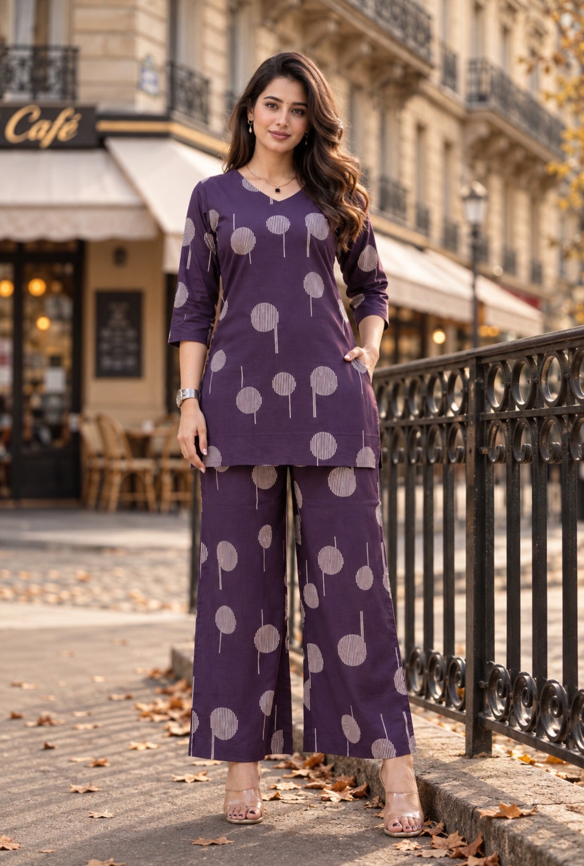 Plum Muse Dark Purple Printed Cotton Co-ords Set