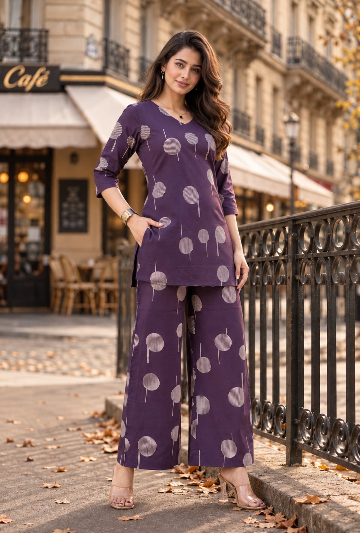 Plum Muse Dark Purple Printed Cotton Co-ords Set