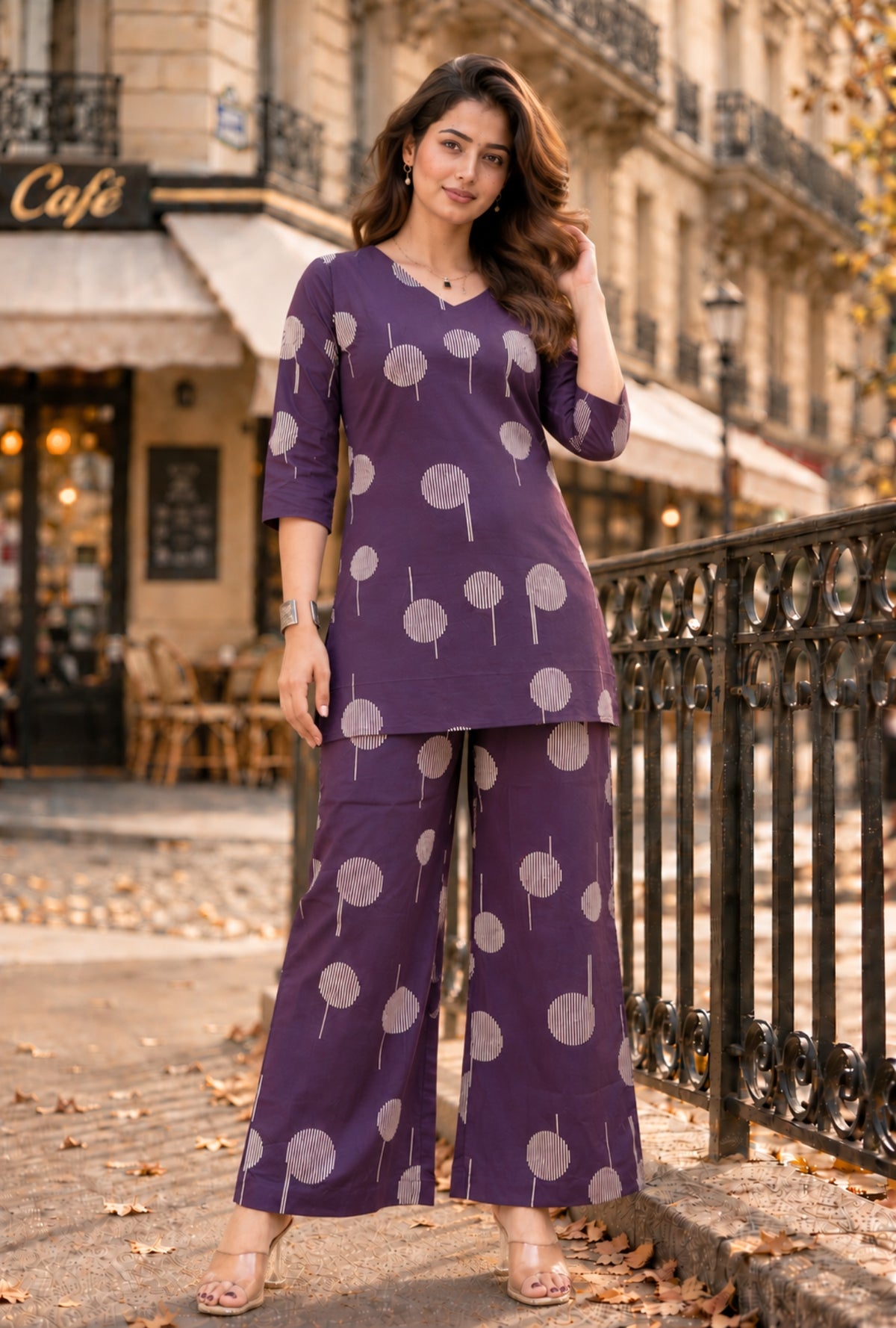 Plum Muse Dark Purple Printed Cotton Co-ords Set
