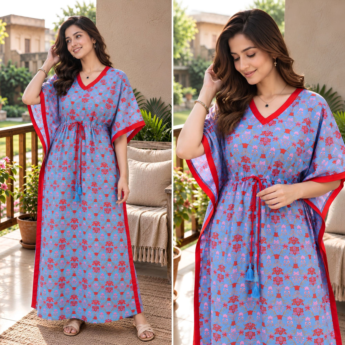 Ruby Bloom Powder Blue Cotton Loungewear Kaftan