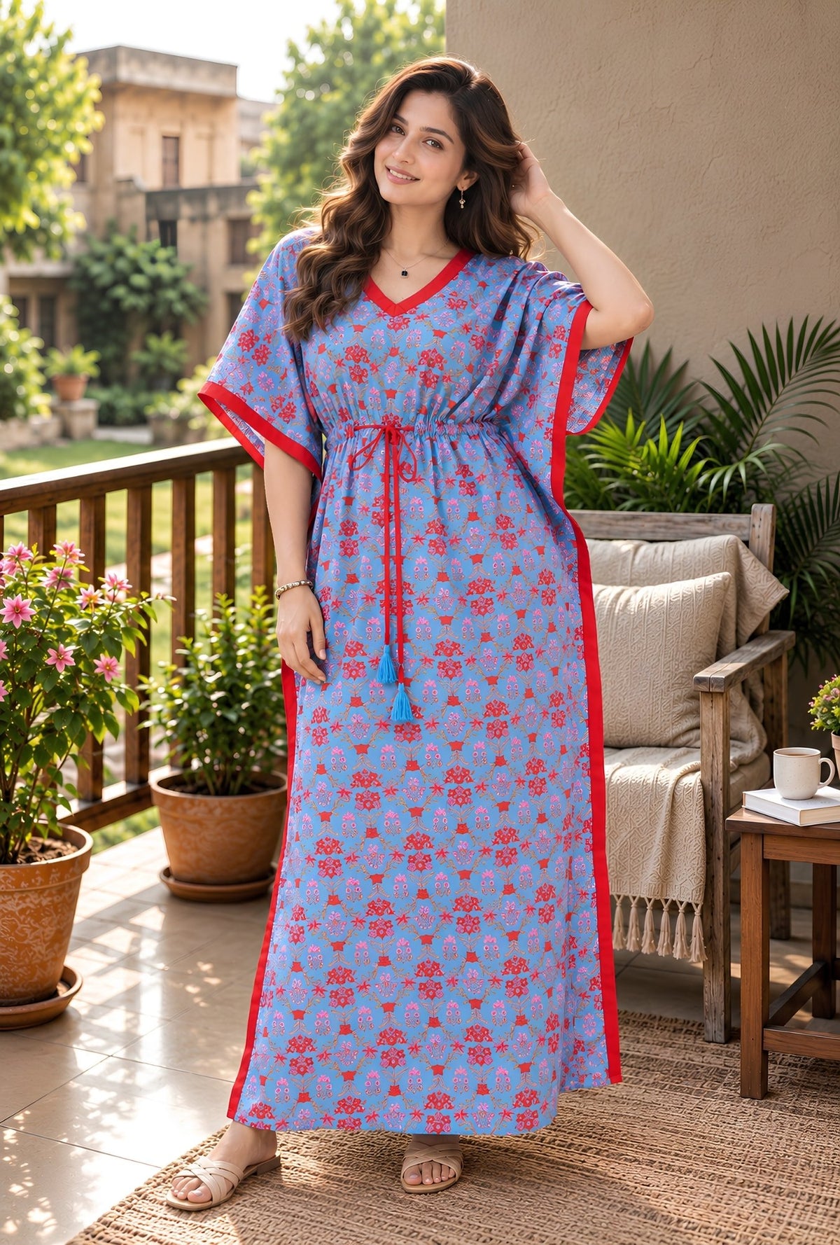 Ruby Bloom Powder Blue Cotton Loungewear Kaftan