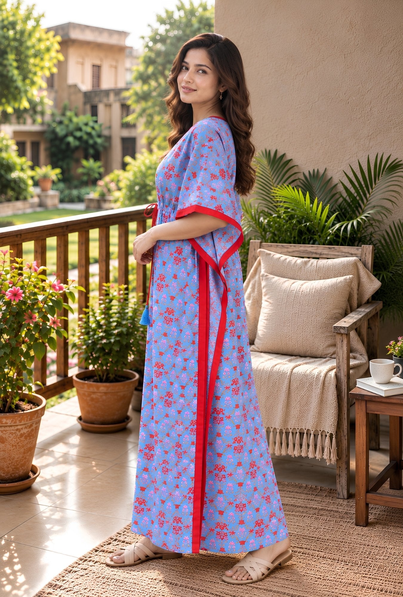 Ruby Bloom Powder Blue Cotton Loungewear Kaftan