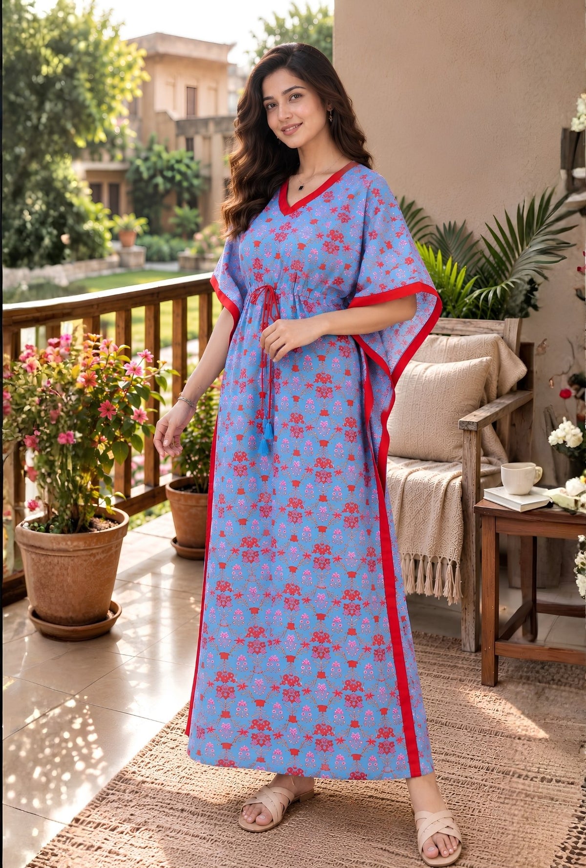 Ruby Bloom Powder Blue Cotton Loungewear Kaftan