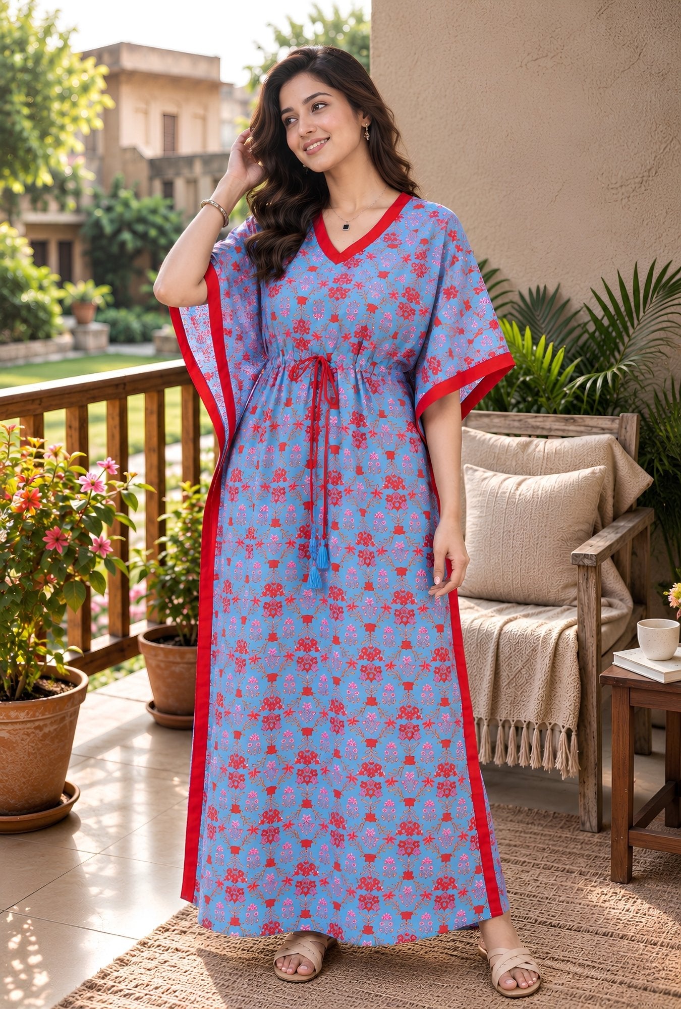 Ruby Bloom Powder Blue Cotton Loungewear Kaftan