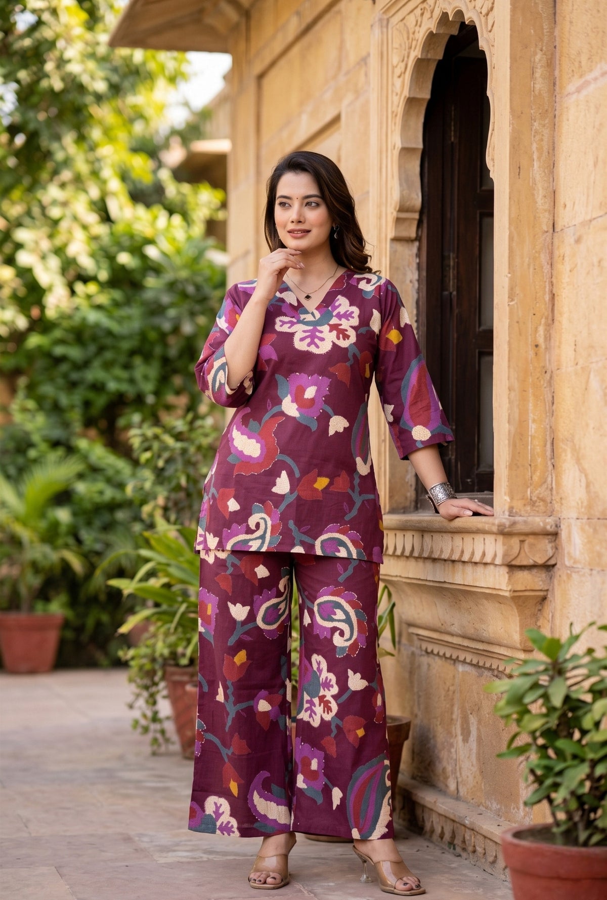 Sapphire Jardin Wine Printed Cotton Co-ords Set