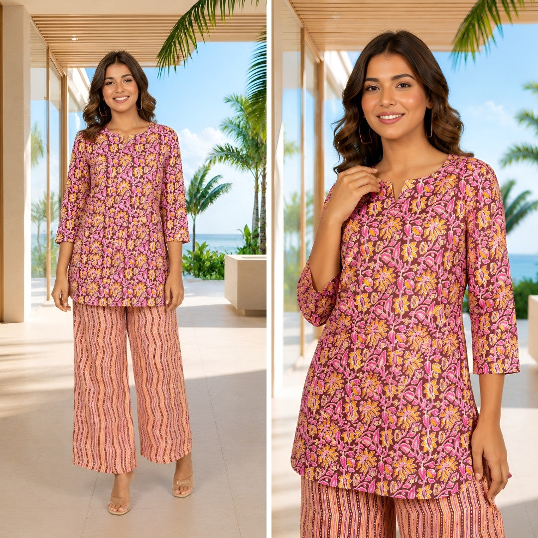 Shadow Bloom Maroon Print Cotton Loungewear set