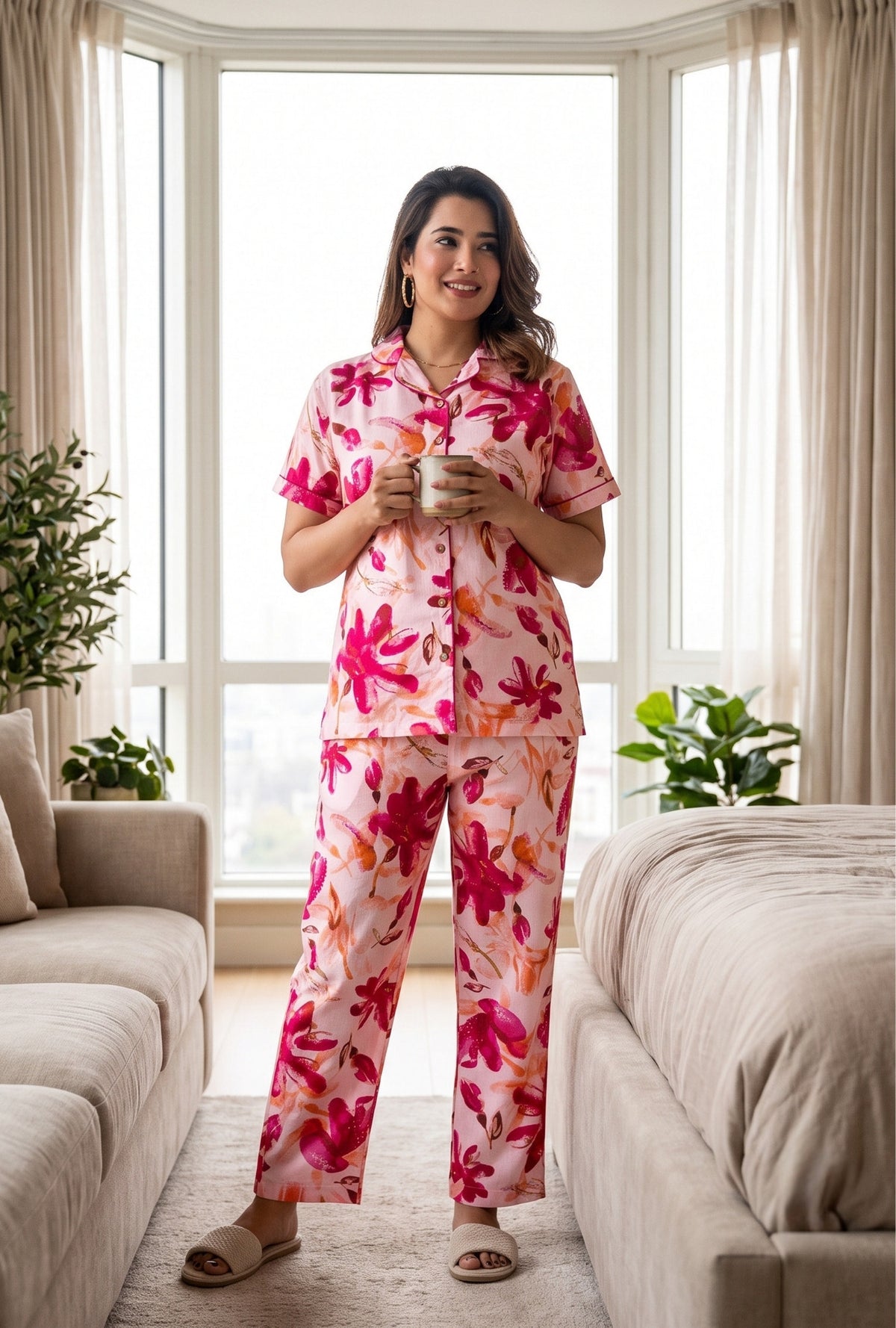Spray Flower Pink Cotton Printed Night Suit