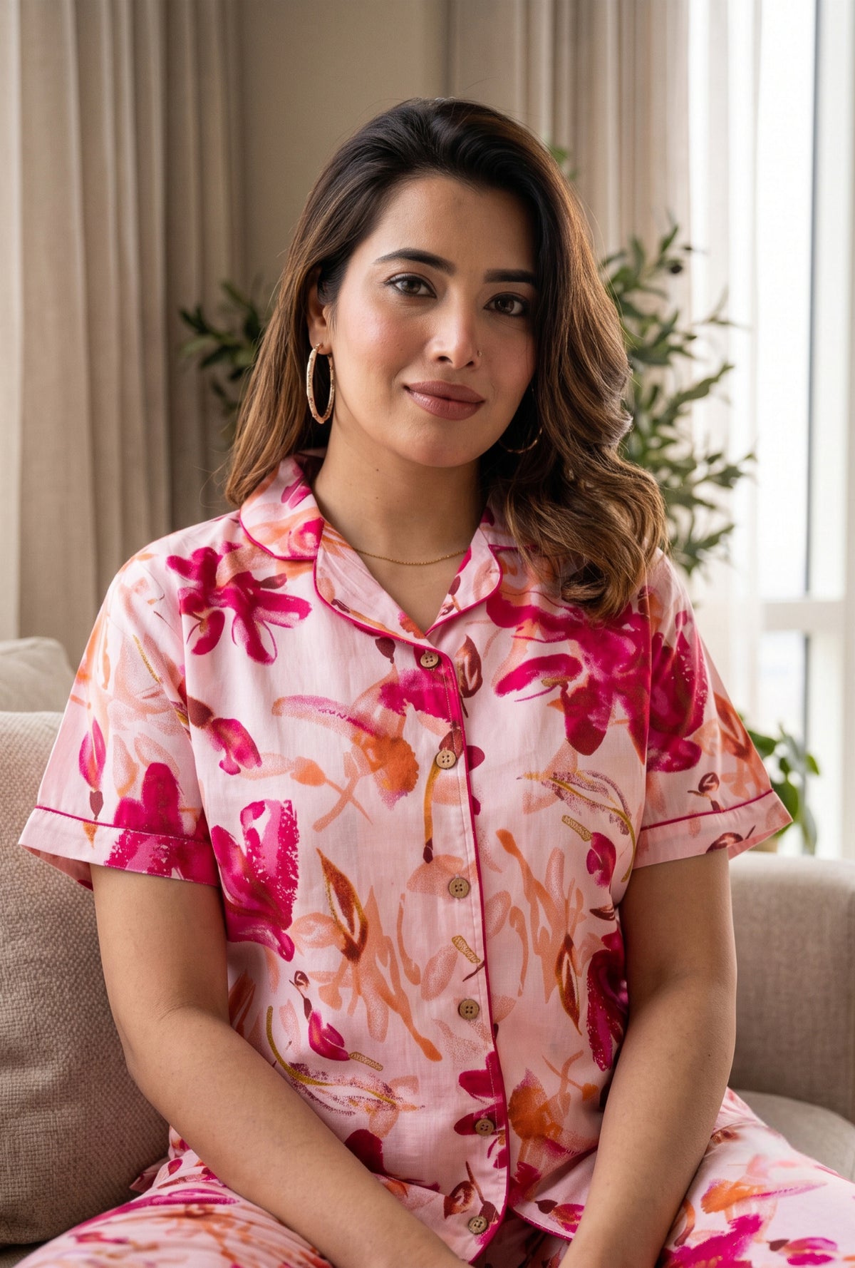 Spray Flower Pink Cotton Printed Night Suit