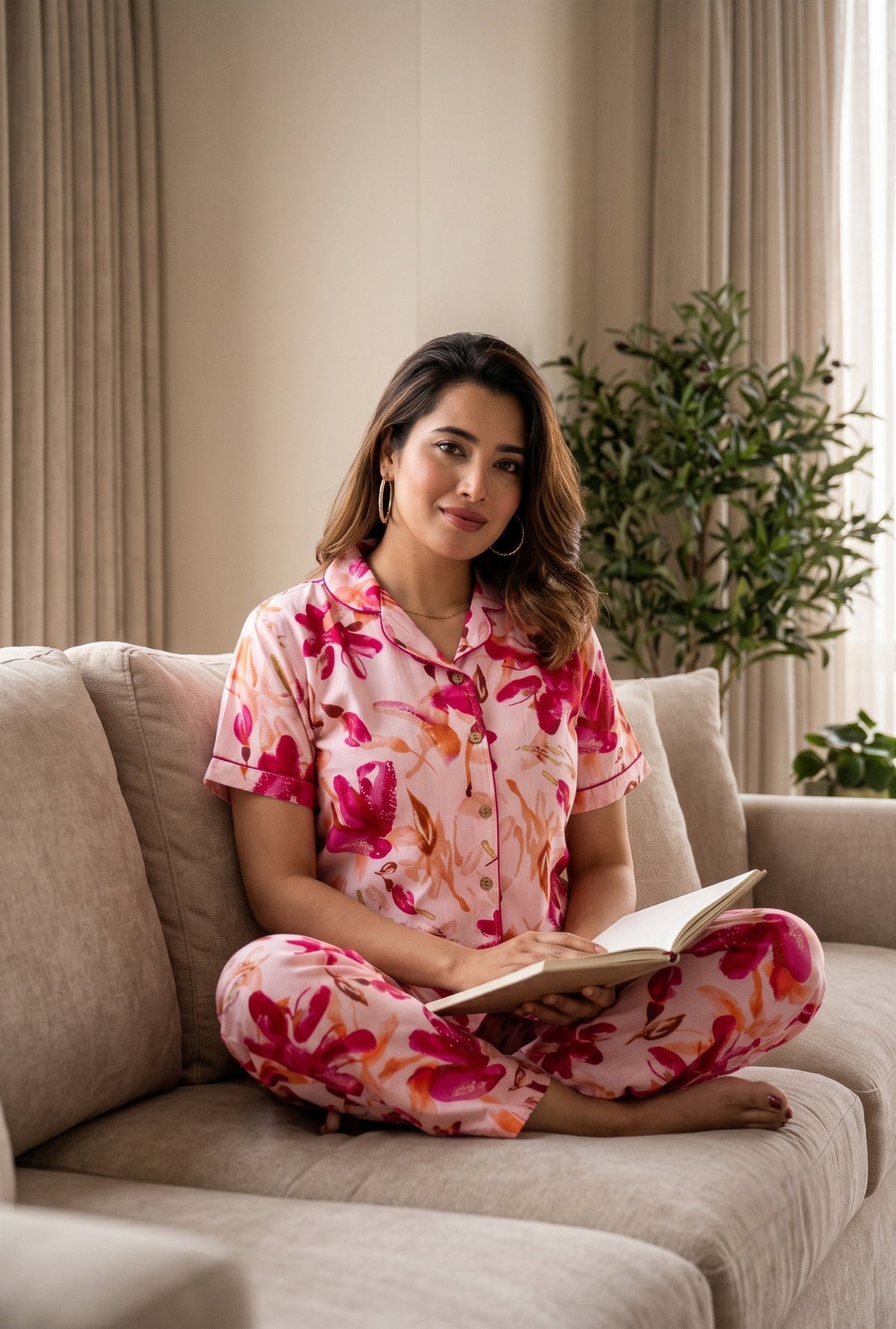 Spray Flower Pink Cotton Printed Night Suit