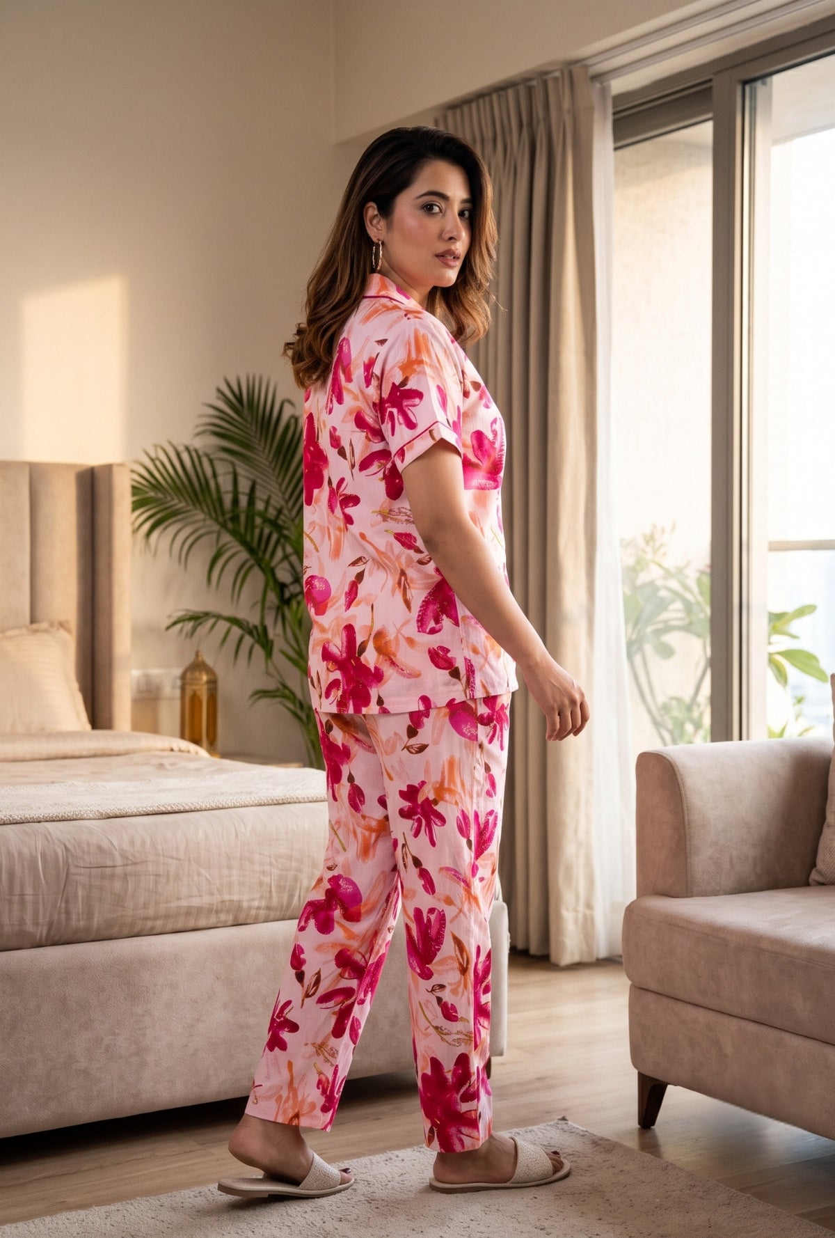 Spray Flower Pink Cotton Printed Night Suit