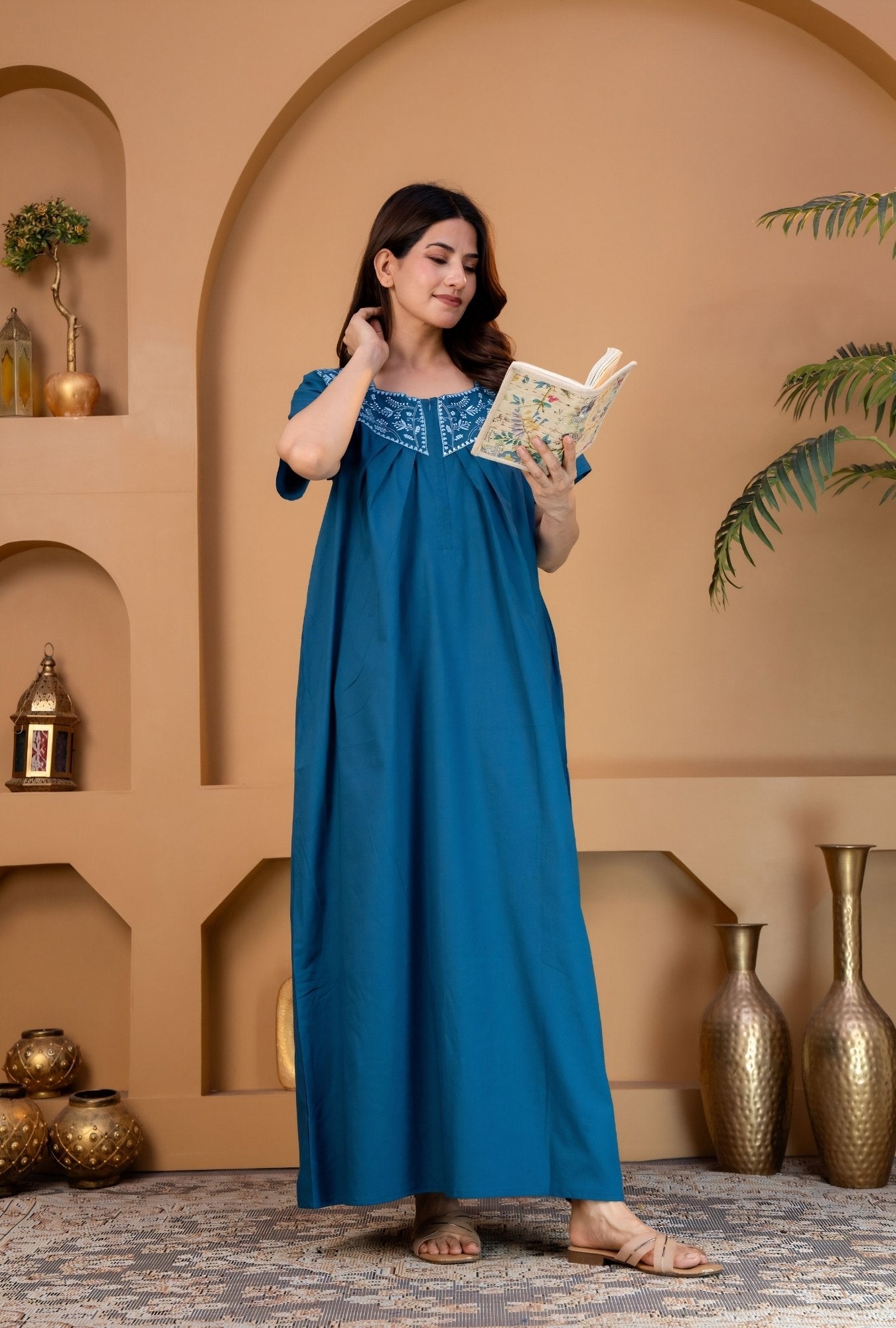 Crimson Bloom Teal Embroidery Yoke Cotton Night Gown