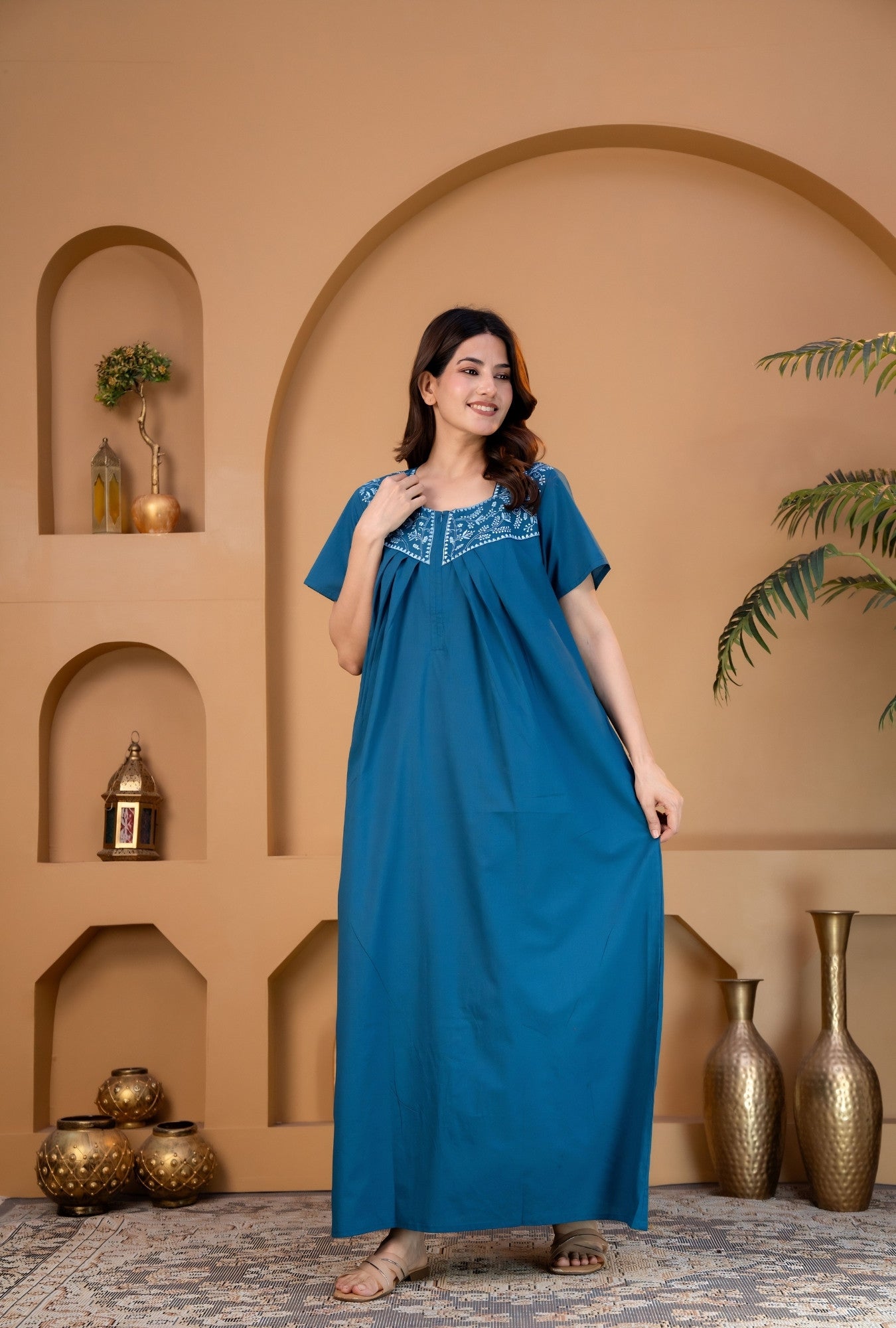 Crimson Bloom Teal Embroidery Yoke Cotton Night Gown
