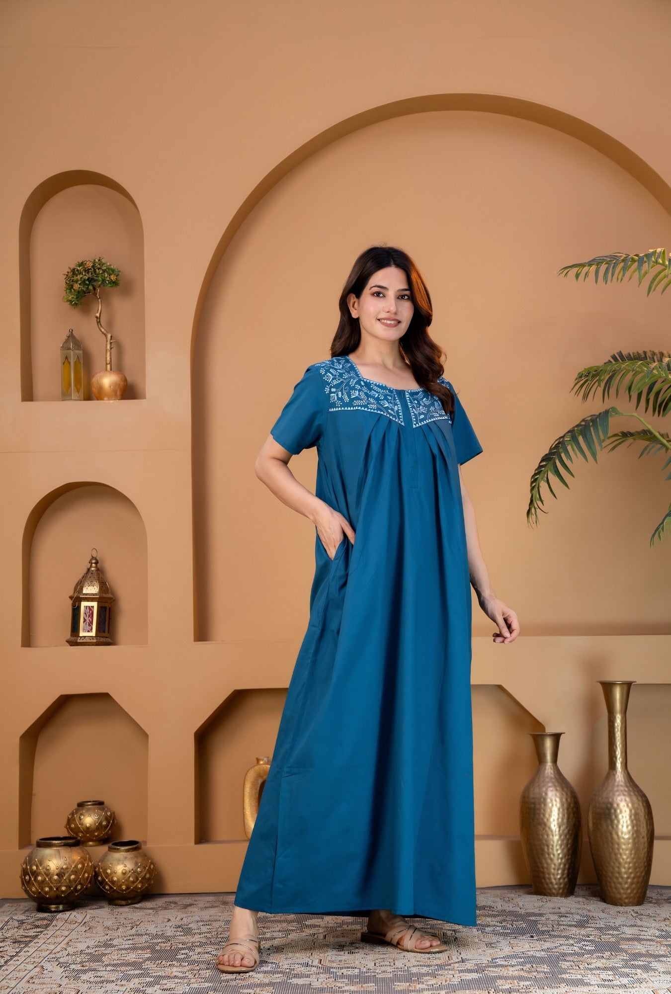 Crimson Bloom Teal Embroidery Yoke Cotton Night Gown