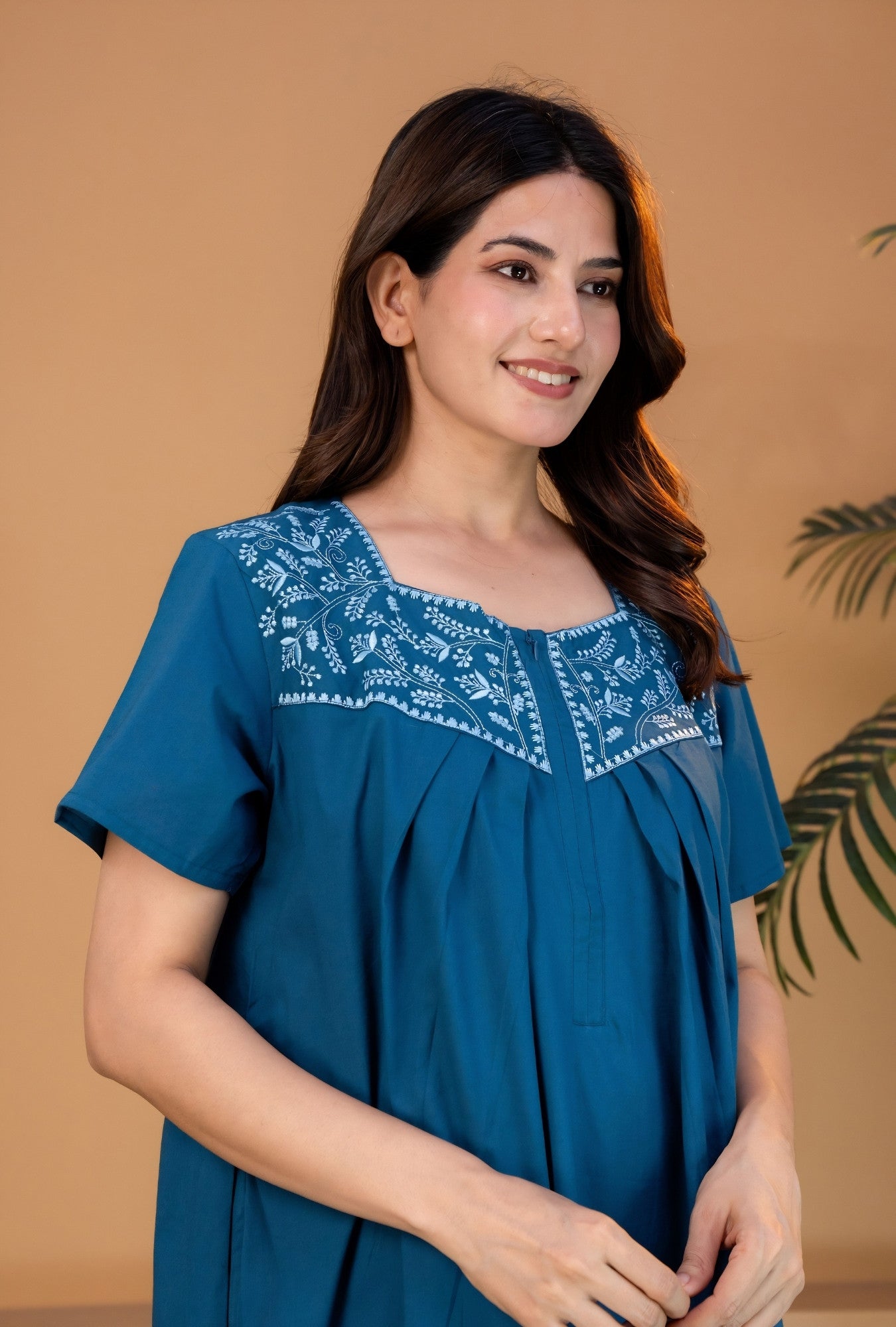 Crimson Bloom Teal Embroidery Yoke Cotton Night Gown