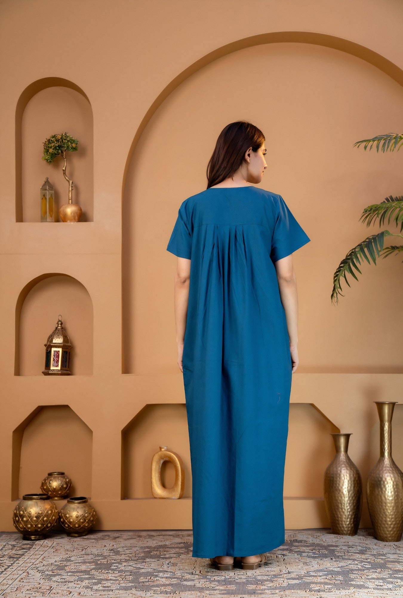 Crimson Bloom Teal Embroidery Yoke Cotton Night Gown