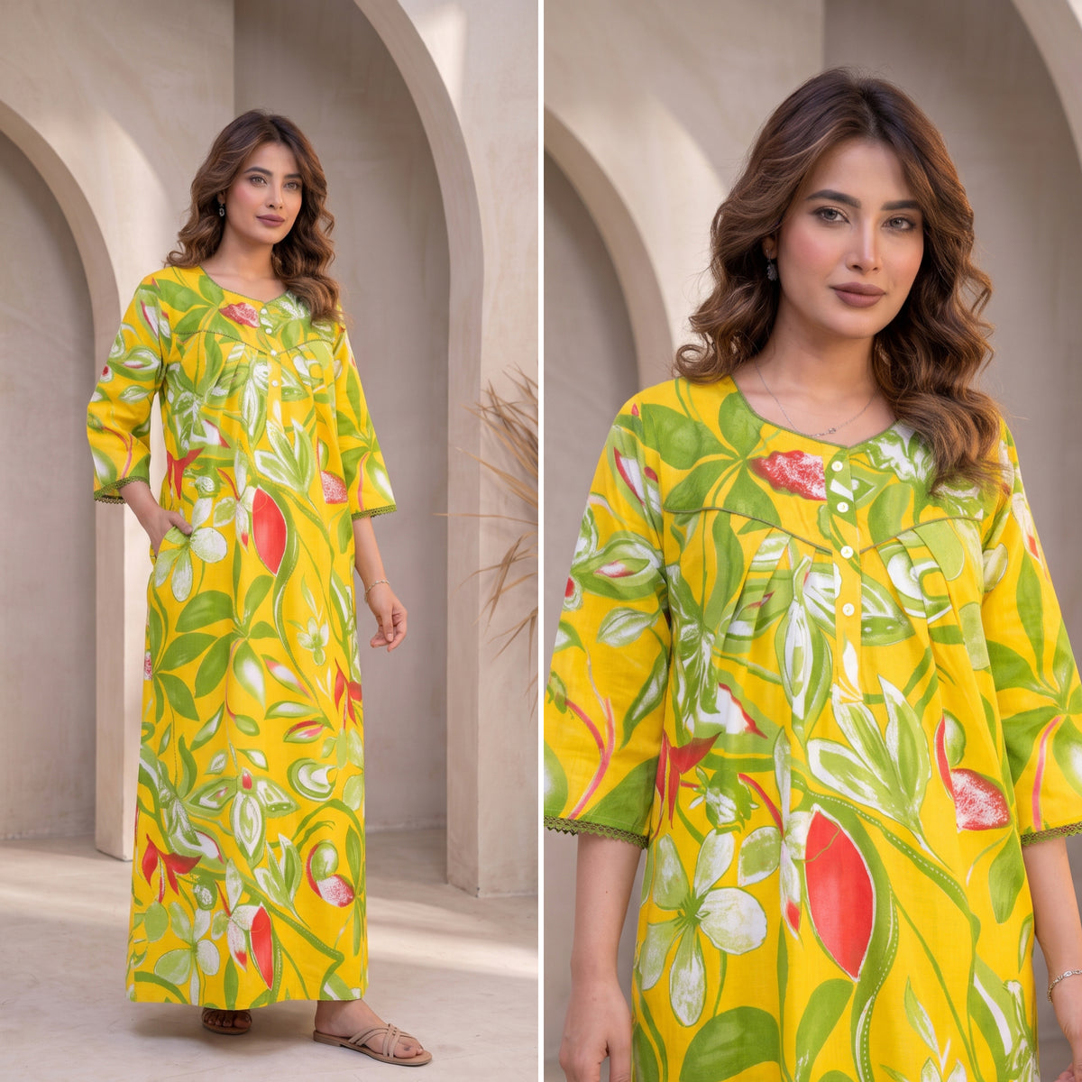 Tropical Breeze Yellow Floral Cotton Night Gown