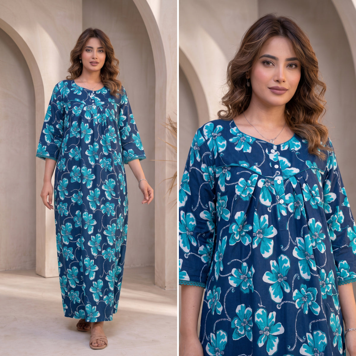 Ocean Bloom Blue Floral Cotton Night Gown