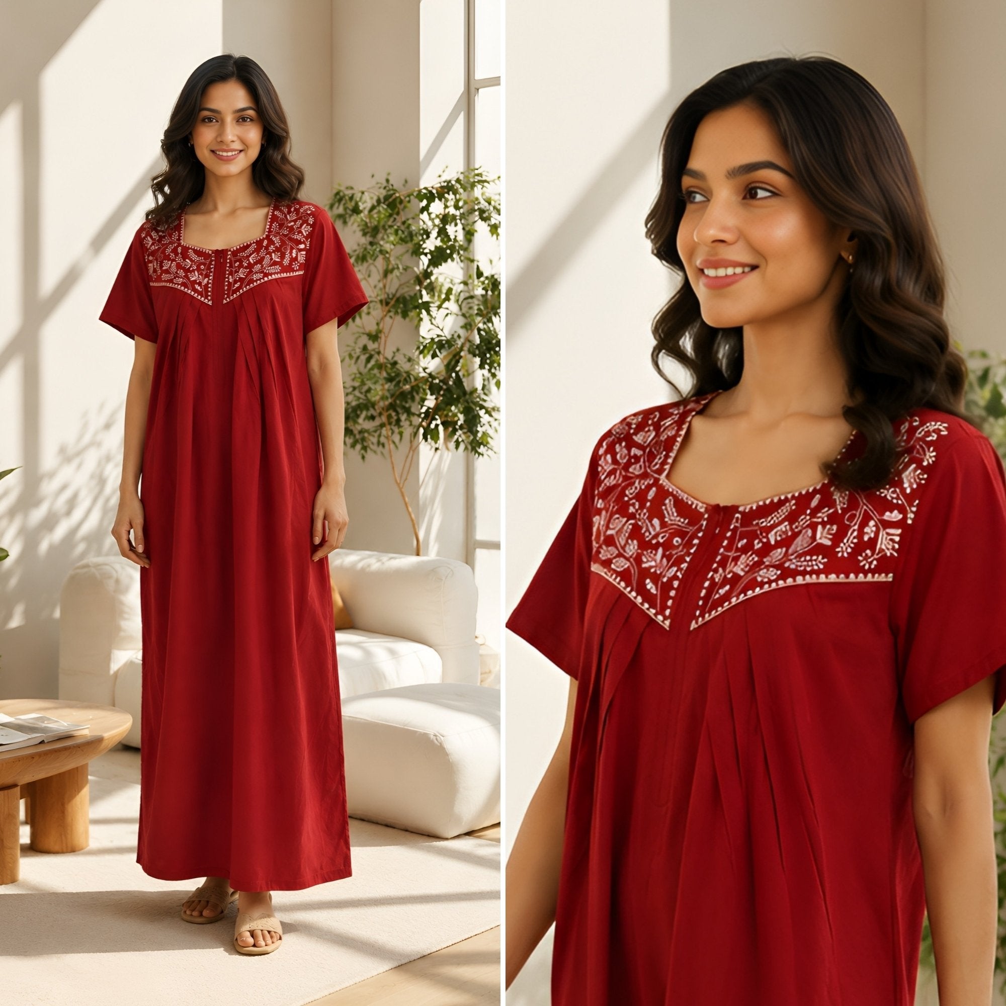Crimson Bloom Maroon Embroidery Yoke Cotton Night Gown
