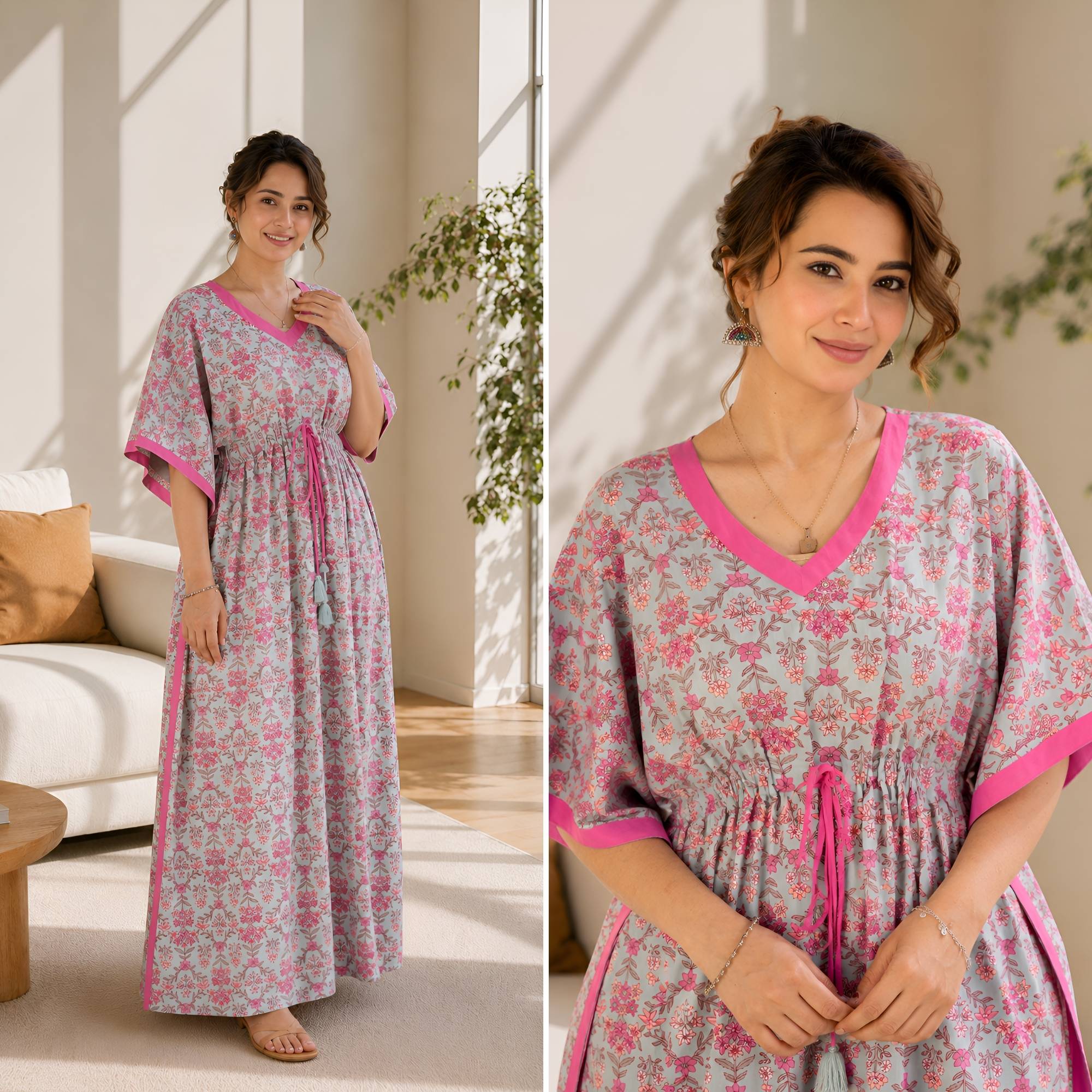 Anastya Rosy Bloom Mint Cotton Loungewear Kaftan