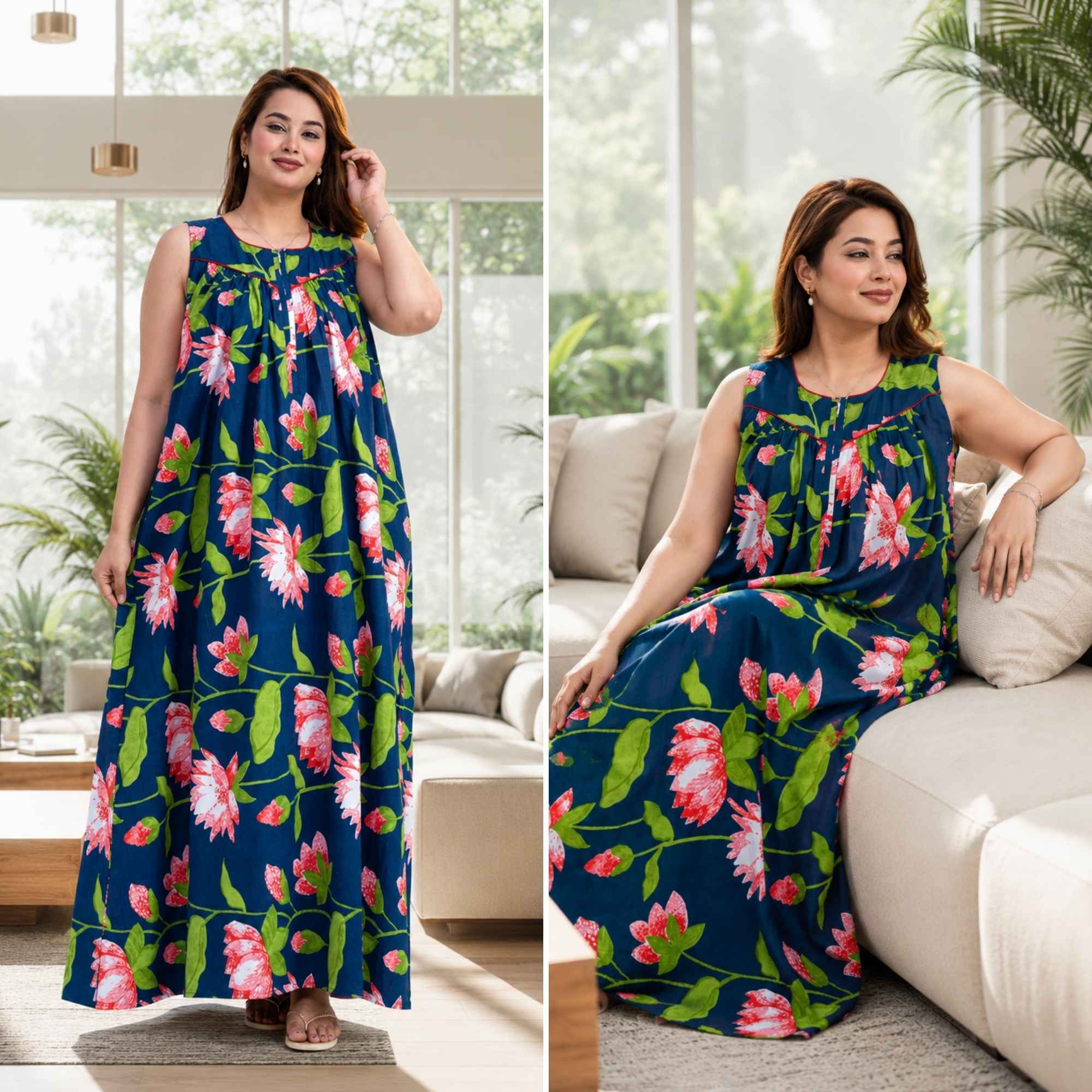 Paradise Petals Blue Sleeveless Cotton Night Gown