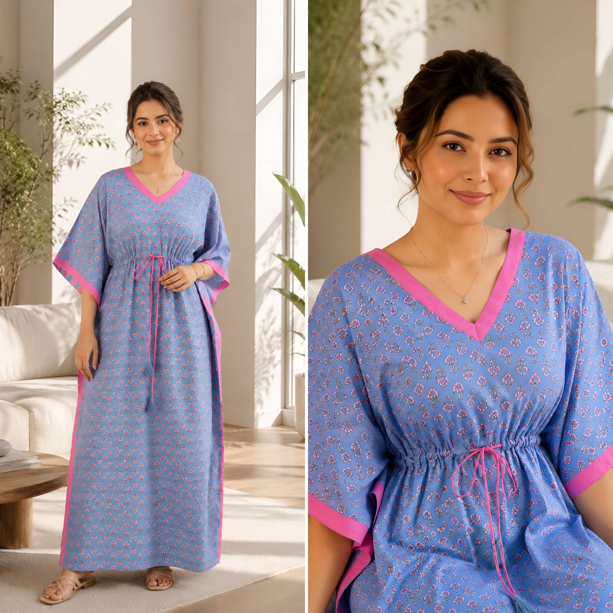 Anastya Blooming Breeze Sky Blue Cotton Loungewear Kaftan
