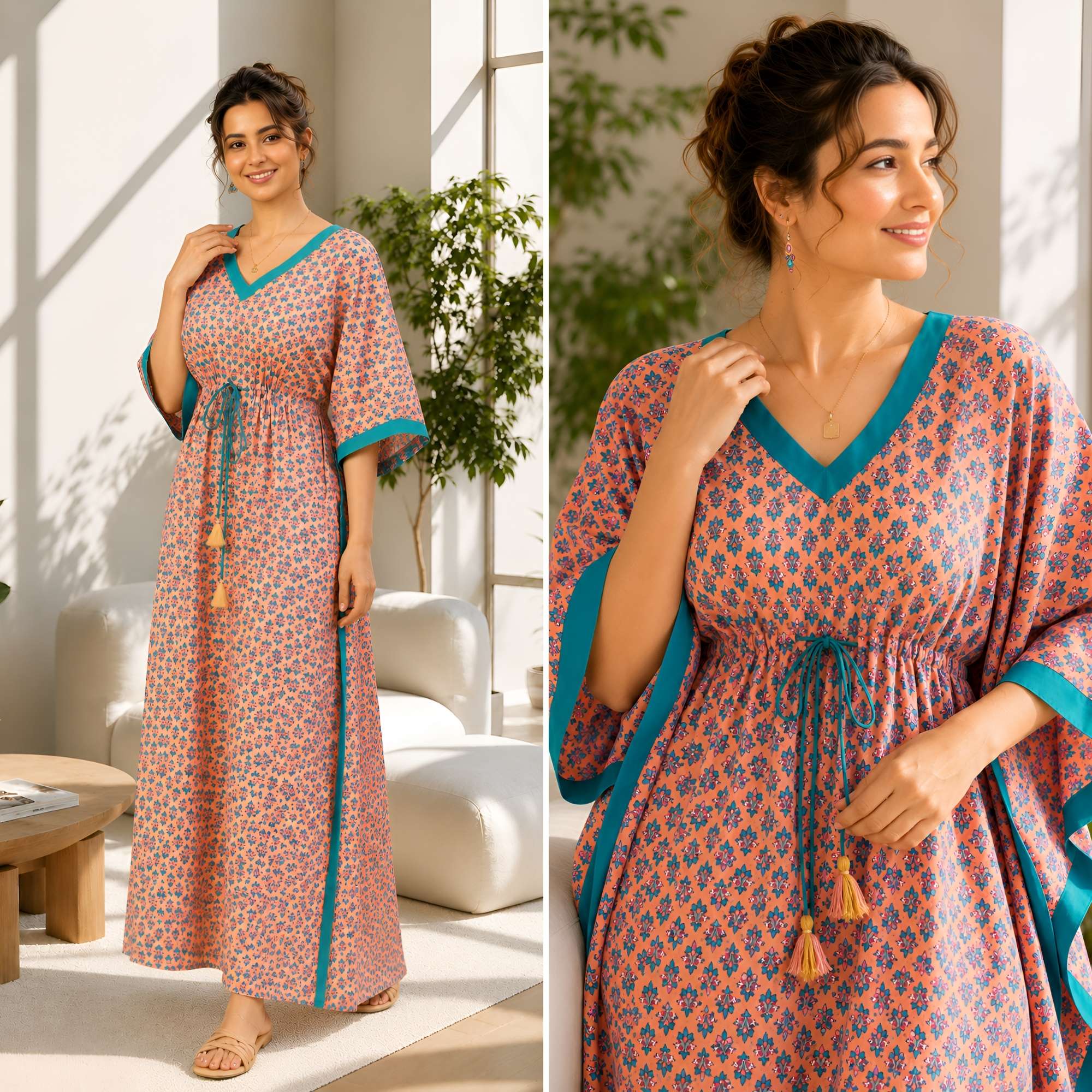 Anastya Peach Blossom Cotton Loungewear Kaftan
