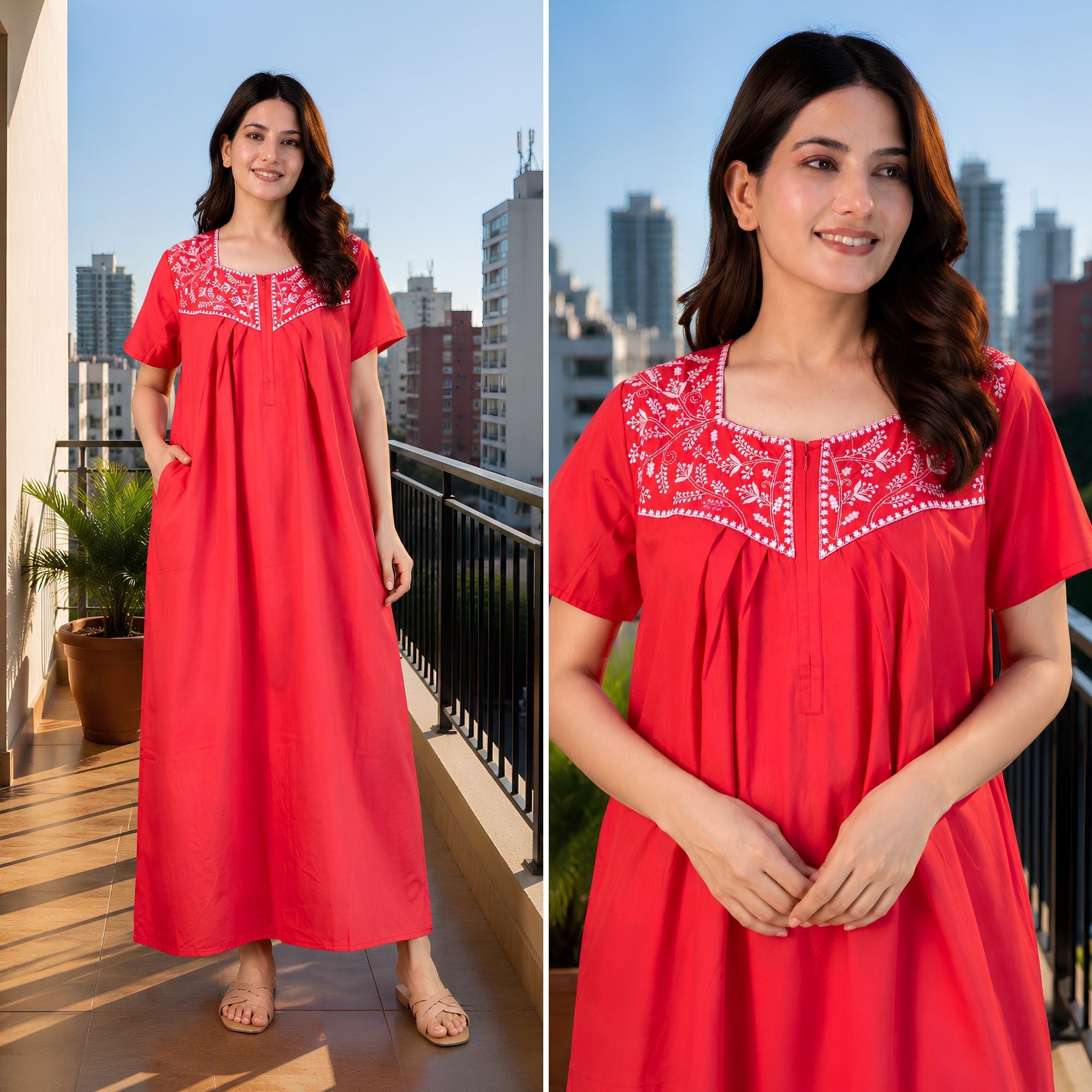 Crimson Bloom Red Embroidery Yoke Cotton Night Gown