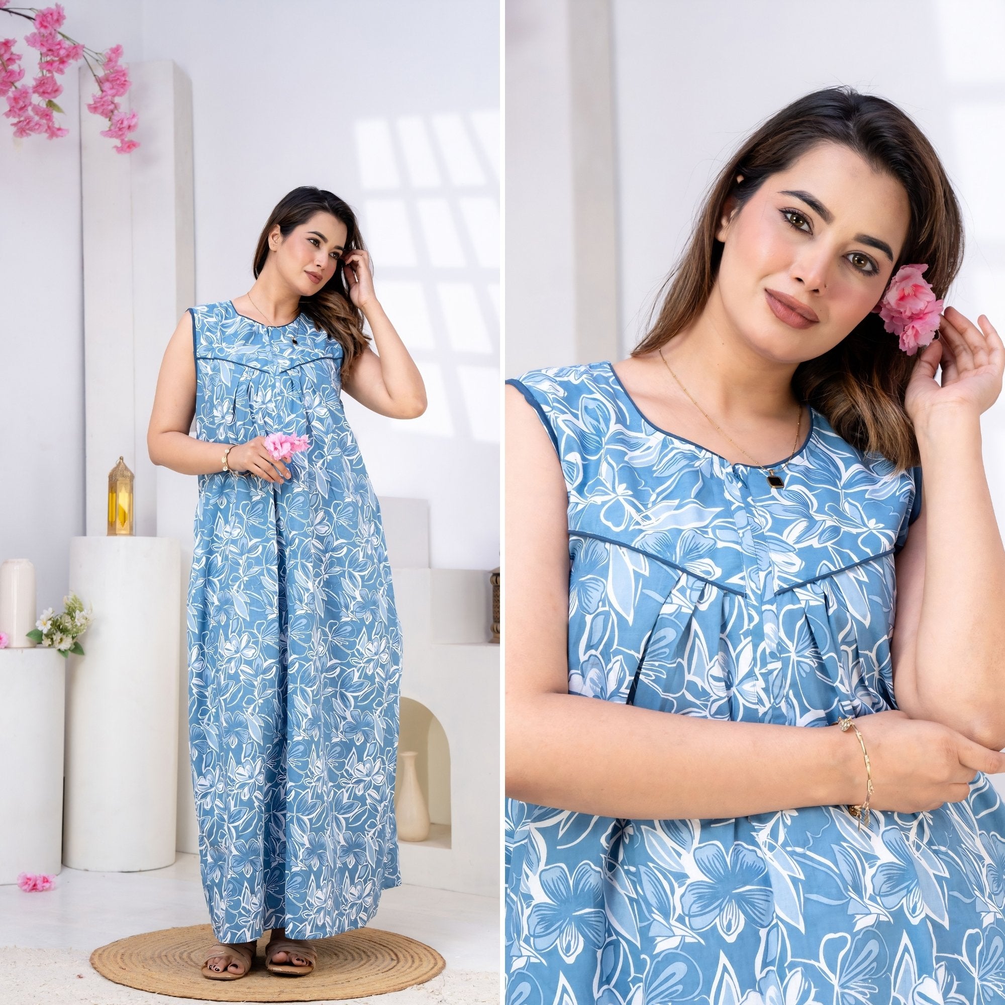 Serene Petals Sky Blue Sleeveless Cotton Night Gown