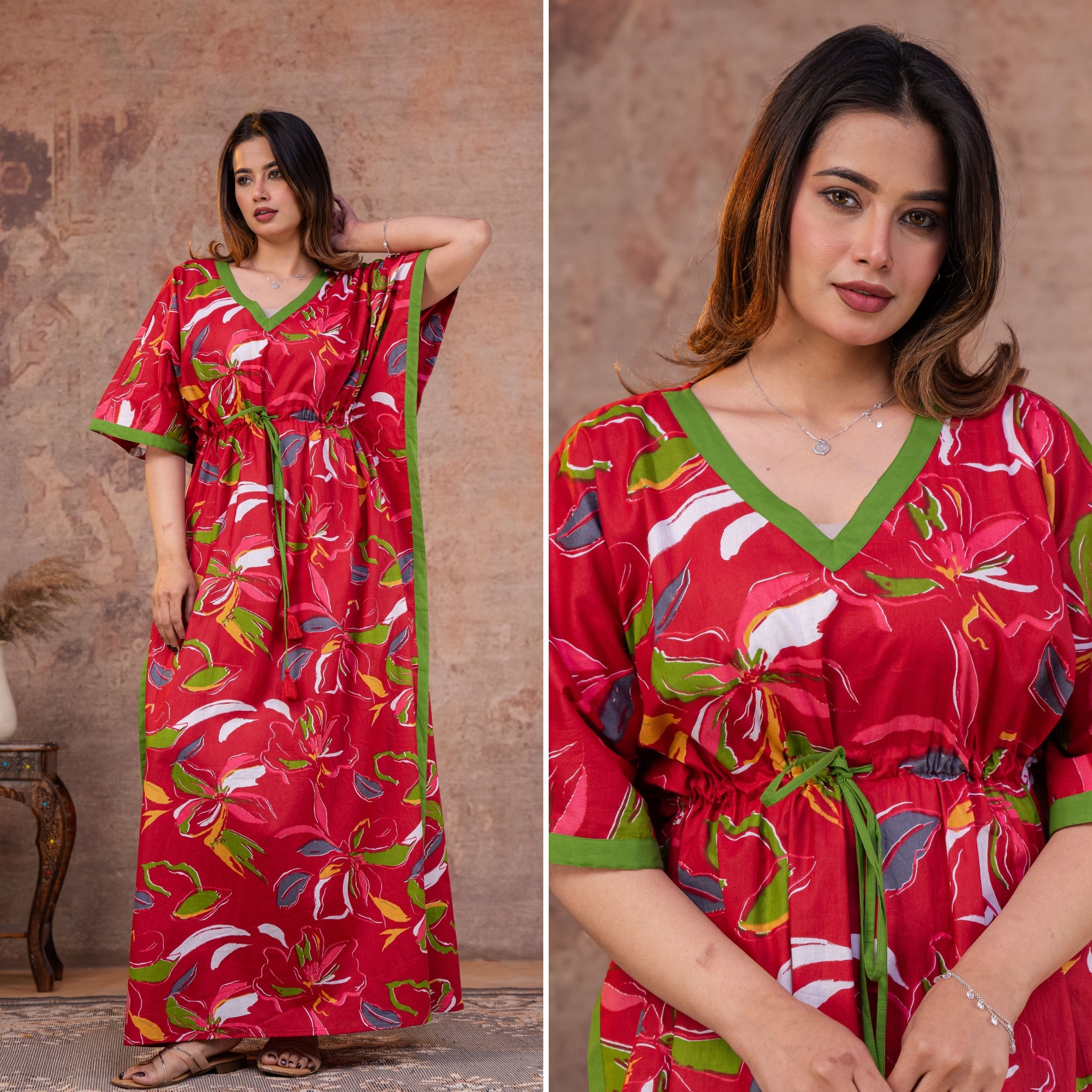 Gulnaar Floral Red Loungewear Cotton Kaftan