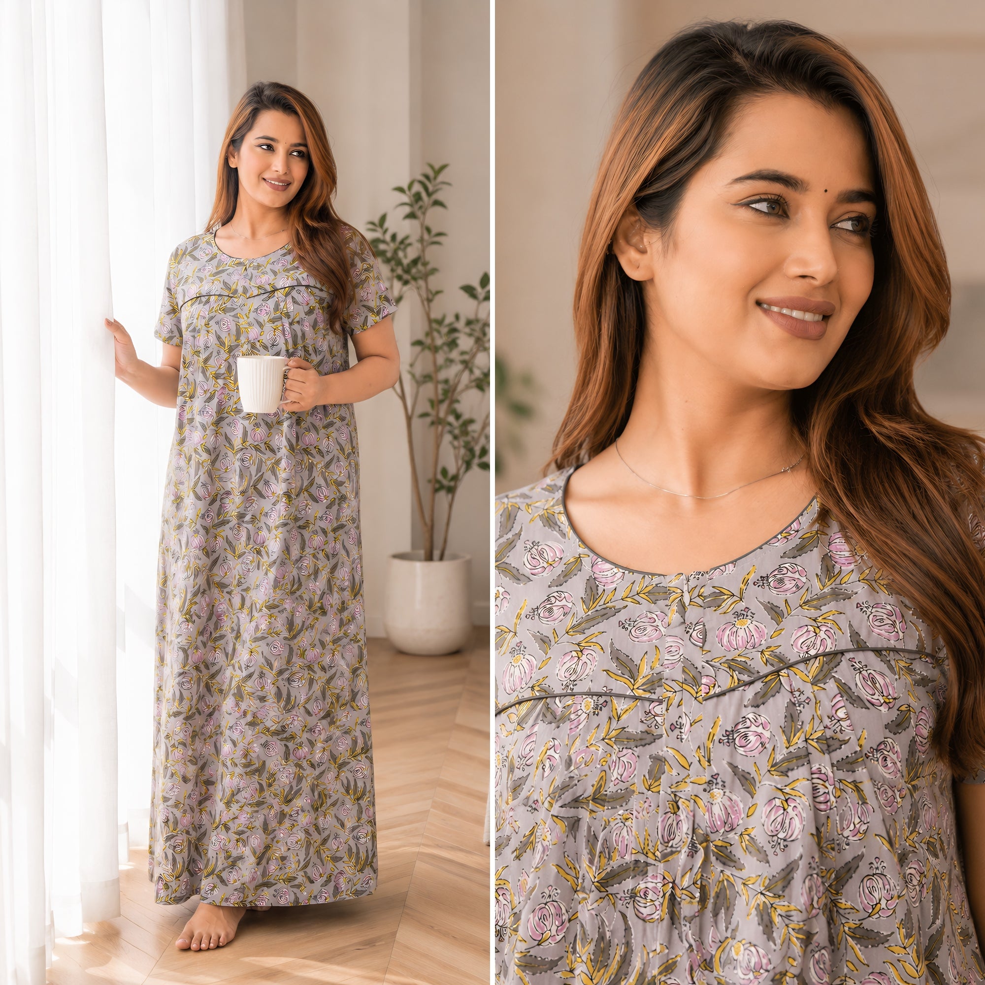 Daisy Delight Grey Cotton Printed Nightwear Gowns